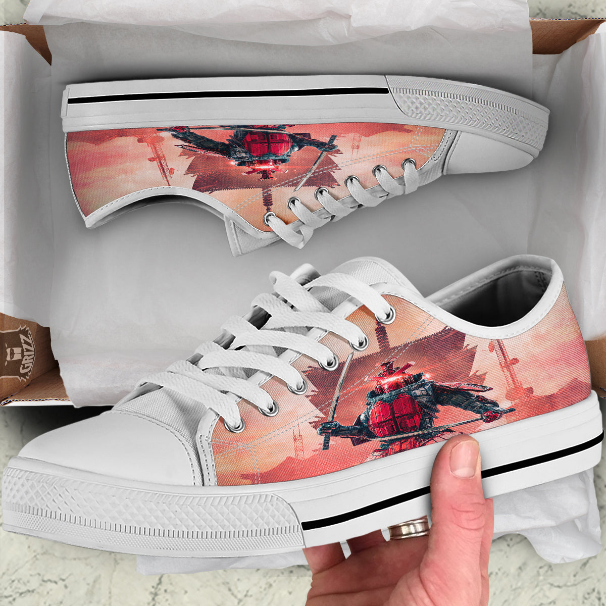 Samurai Robot Print White Low Top Shoes-grizzshop