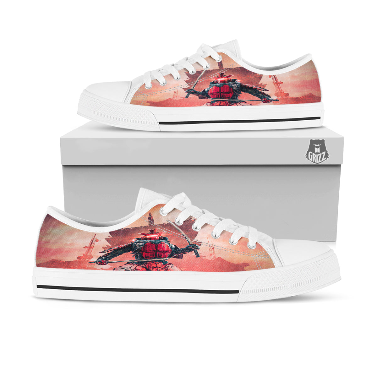 Samurai Robot Print White Low Top Shoes-grizzshop