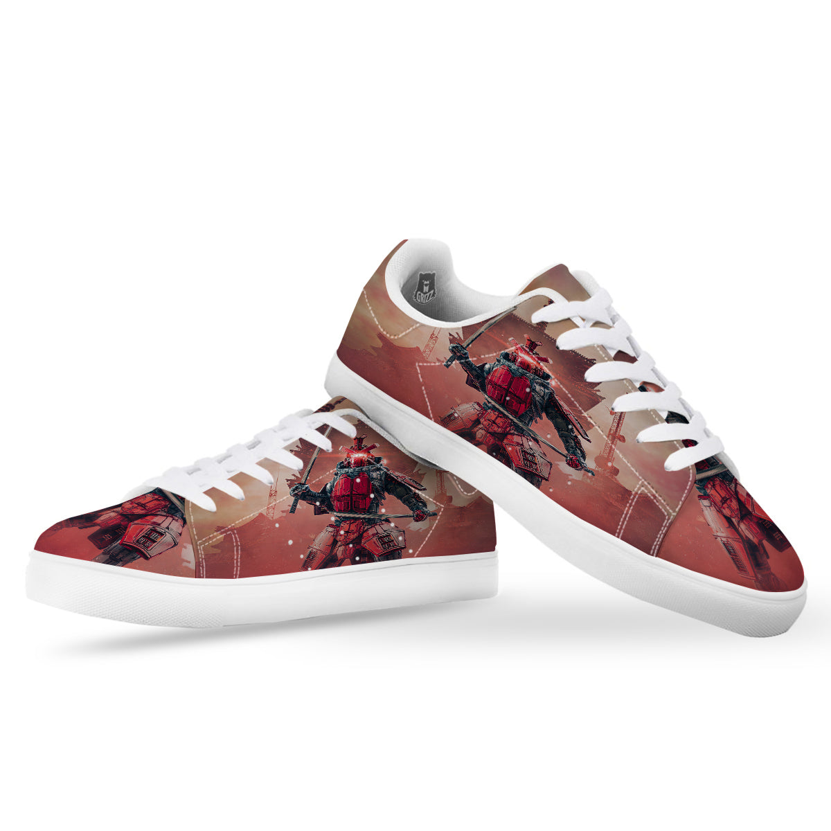 Samurai Robot Print White Low Top Sneakers-grizzshop