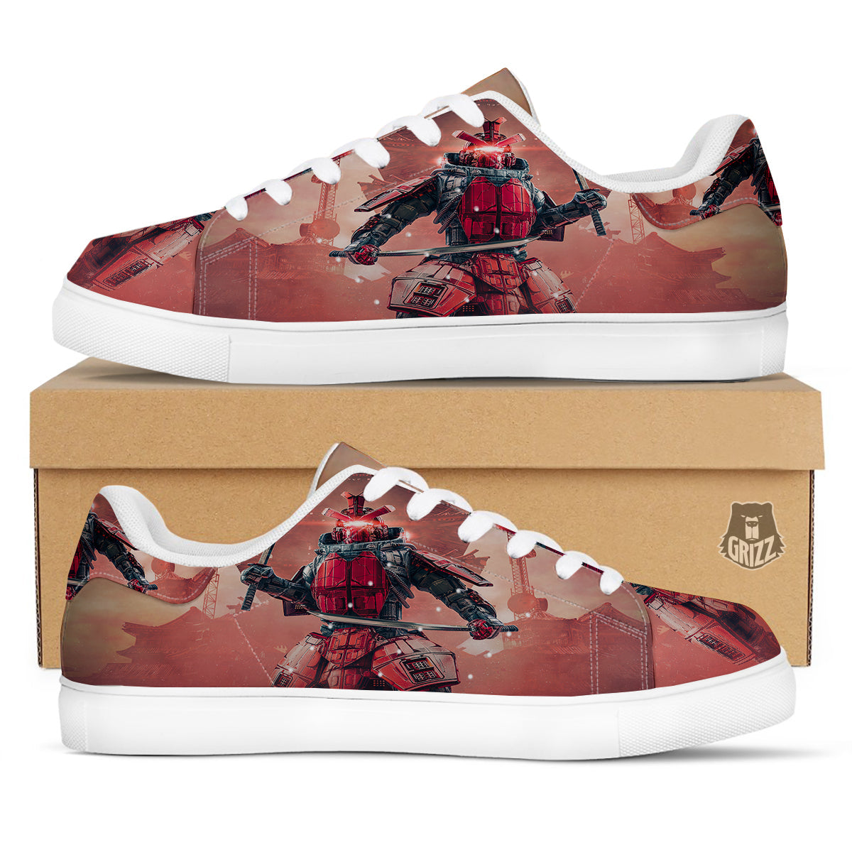 Samurai Robot Print White Low Top Sneakers-grizzshop