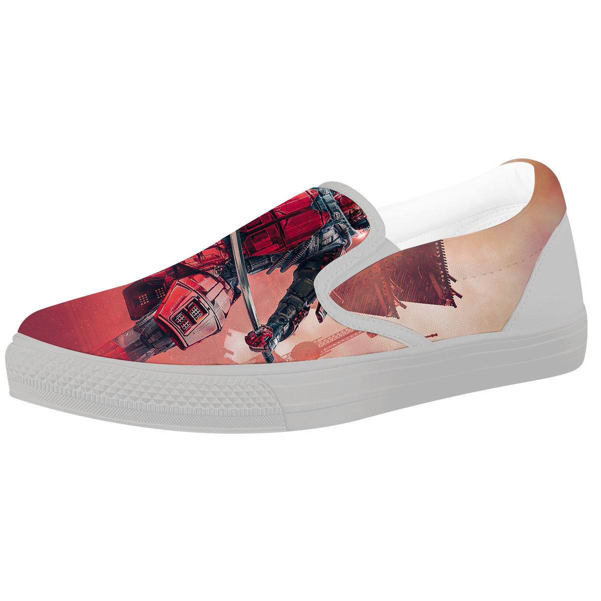 Samurai Robot Print White Slip On Shoes-grizzshop