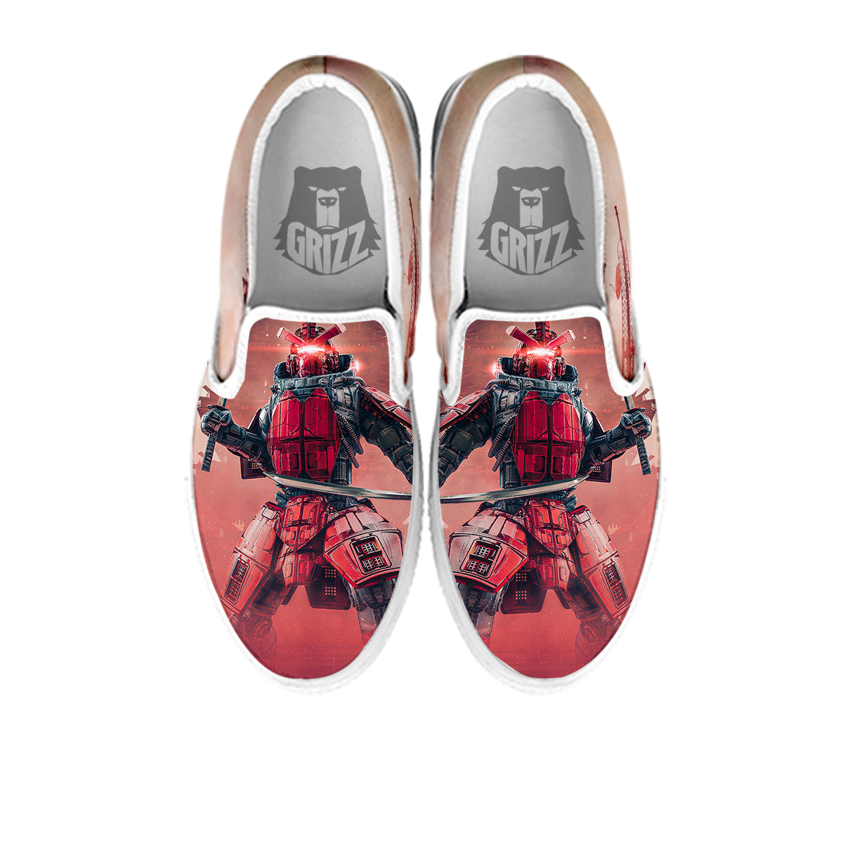 Samurai Robot Print White Slip On Shoes-grizzshop