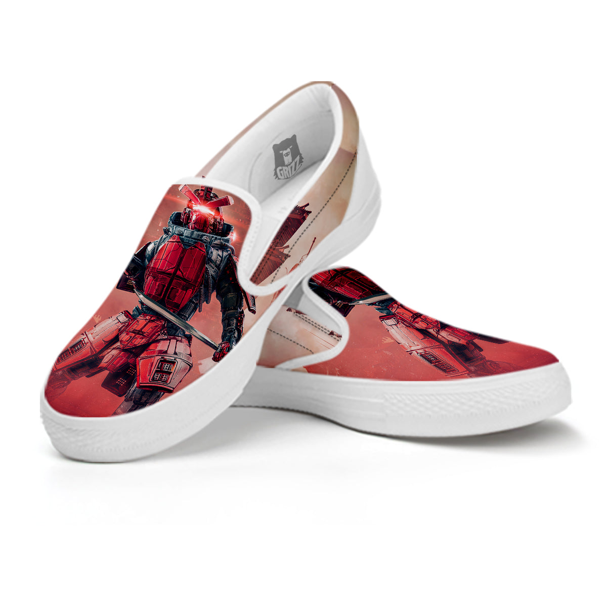 Samurai Robot Print White Slip On Shoes-grizzshop