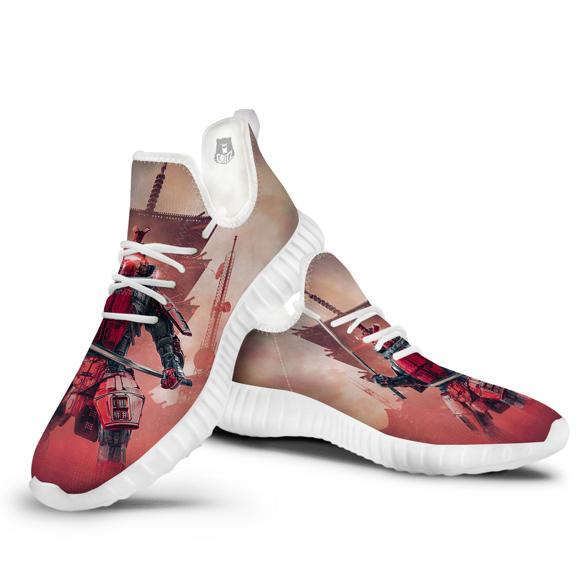 Samurai Robot Print White Walking Shoes-grizzshop