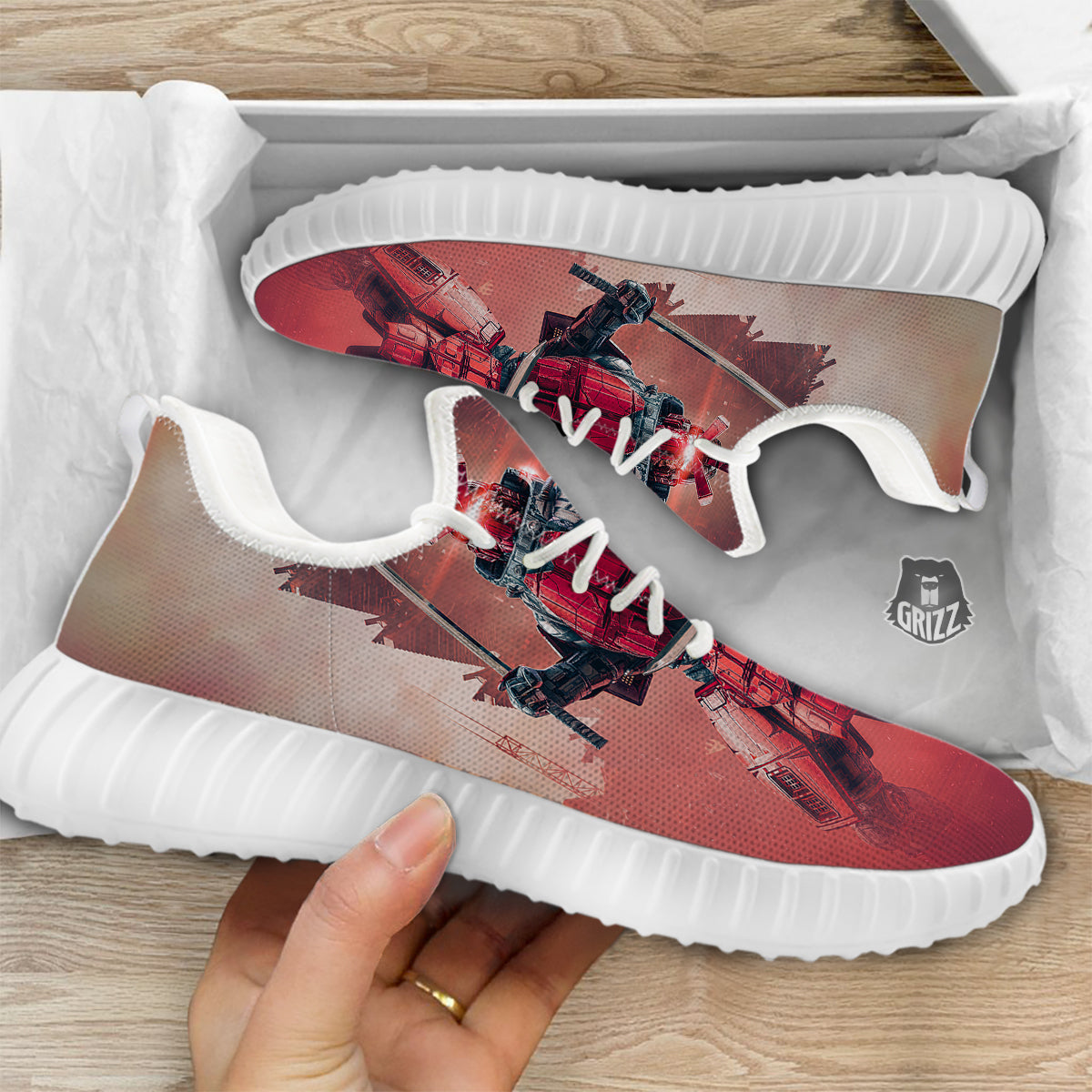 Samurai Robot Print White Walking Shoes-grizzshop