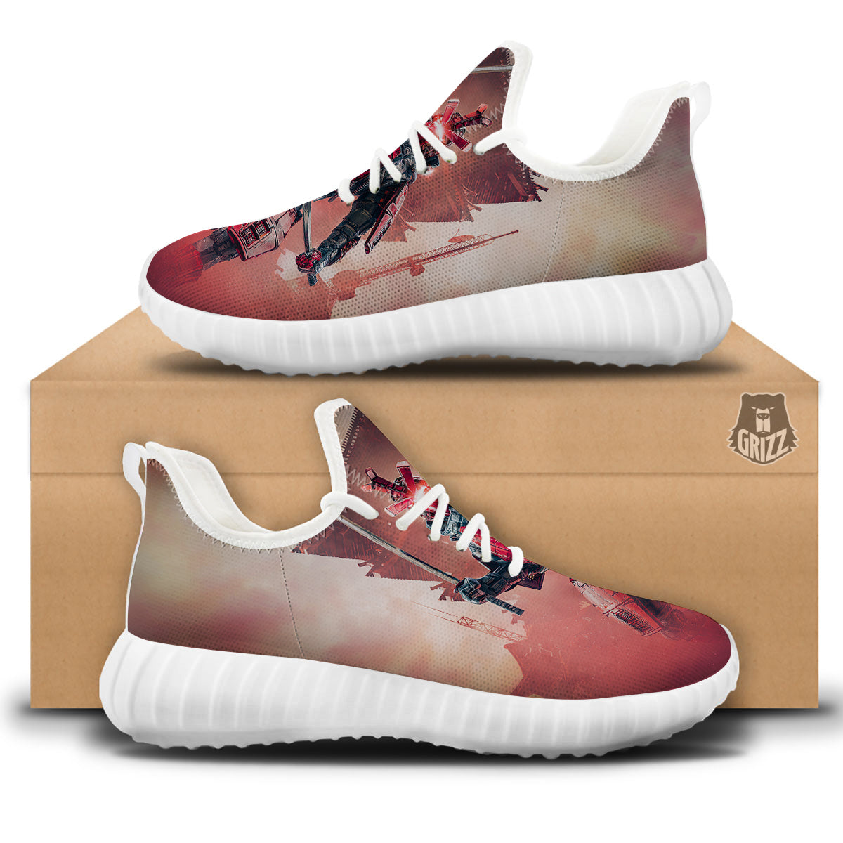 Samurai Robot Print White Walking Shoes-grizzshop