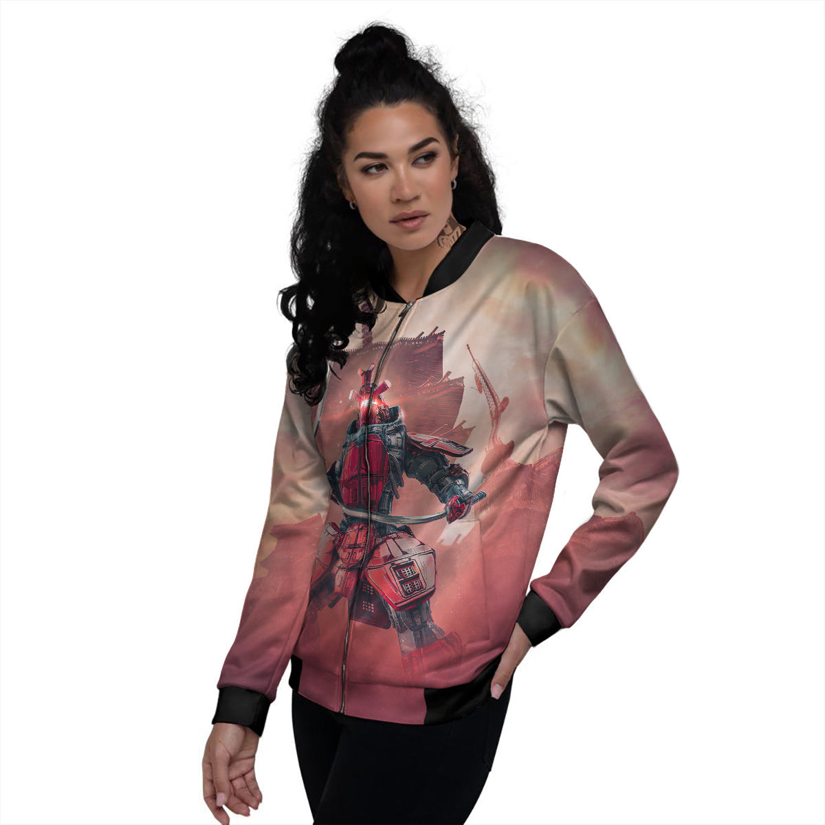Samurai Robot Print Women's Bomber Jacket-grizzshop
