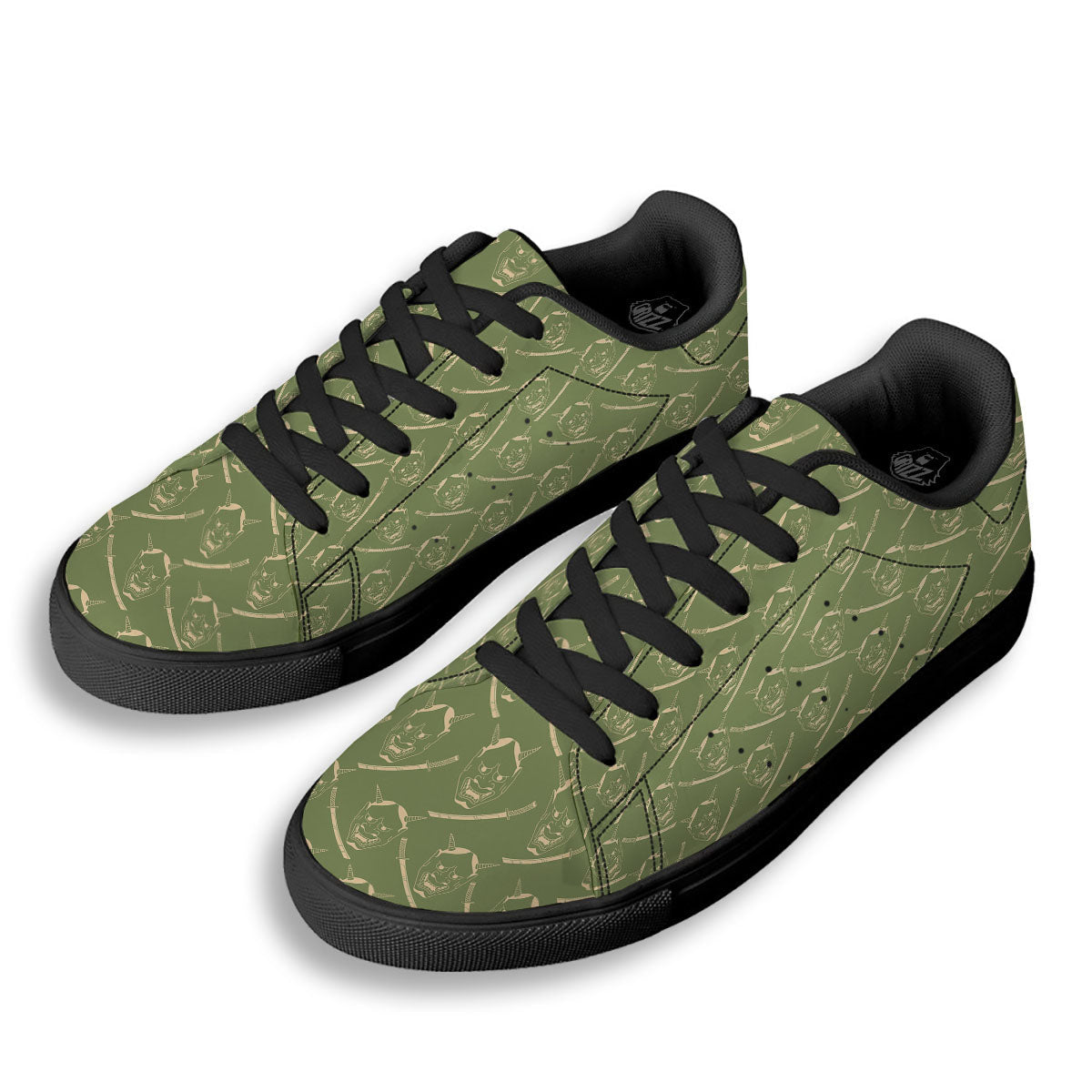 Samurai Warrior Mask Japanese Print Pattern Black Low Top Sneakers-grizzshop