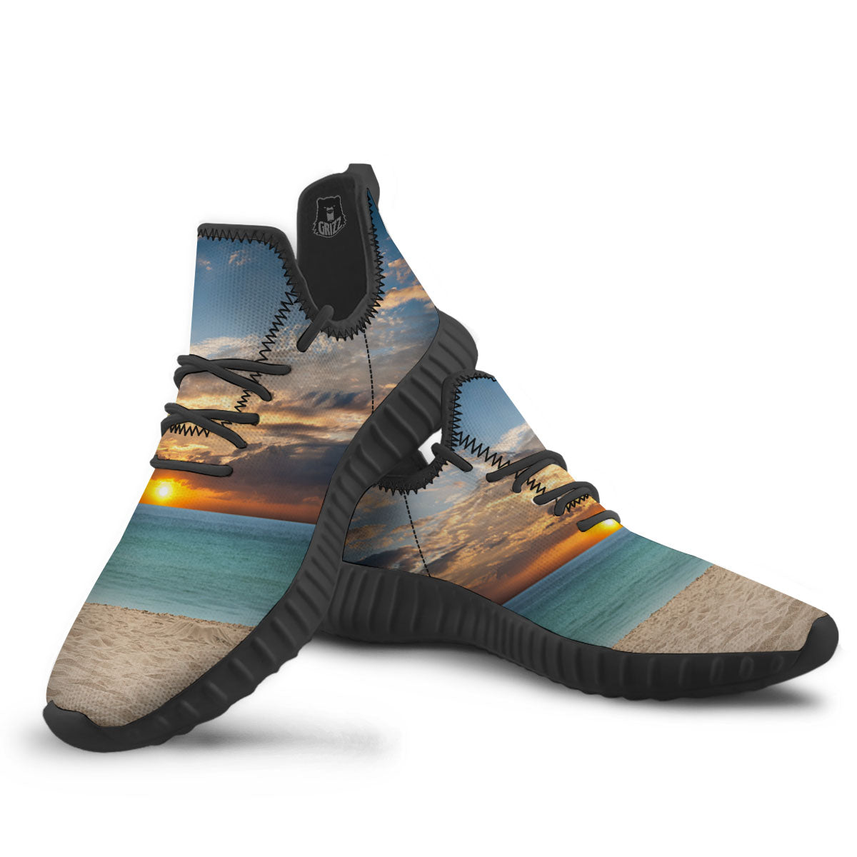 Sand Beach And Sunset Print Black Walking Shoes-grizzshop