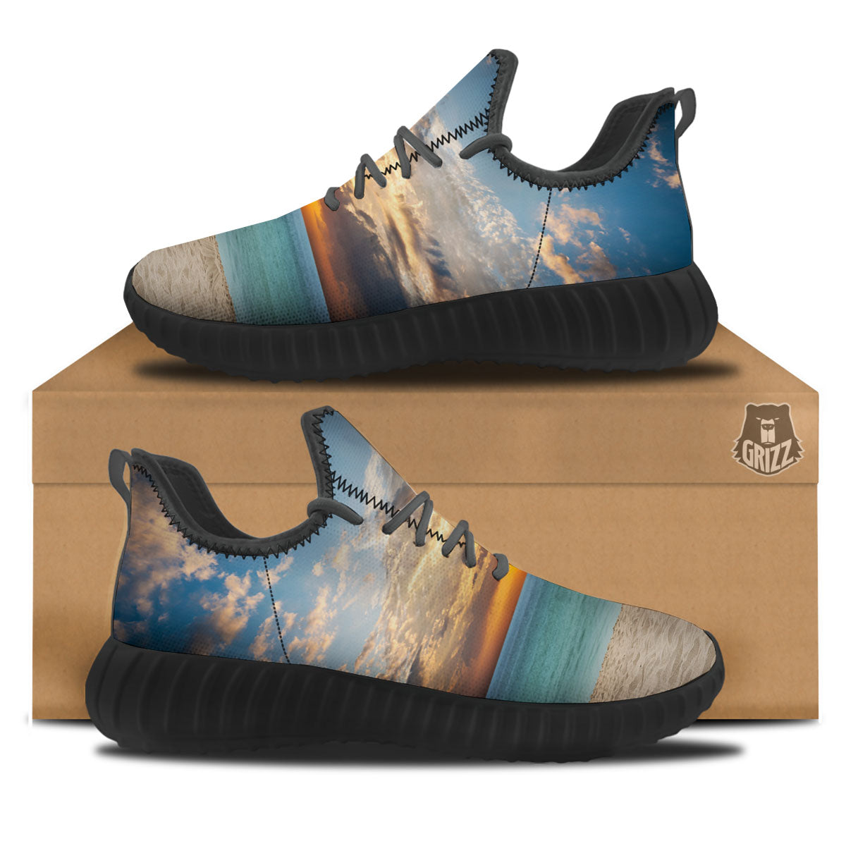 Sand Beach And Sunset Print Black Walking Shoes-grizzshop