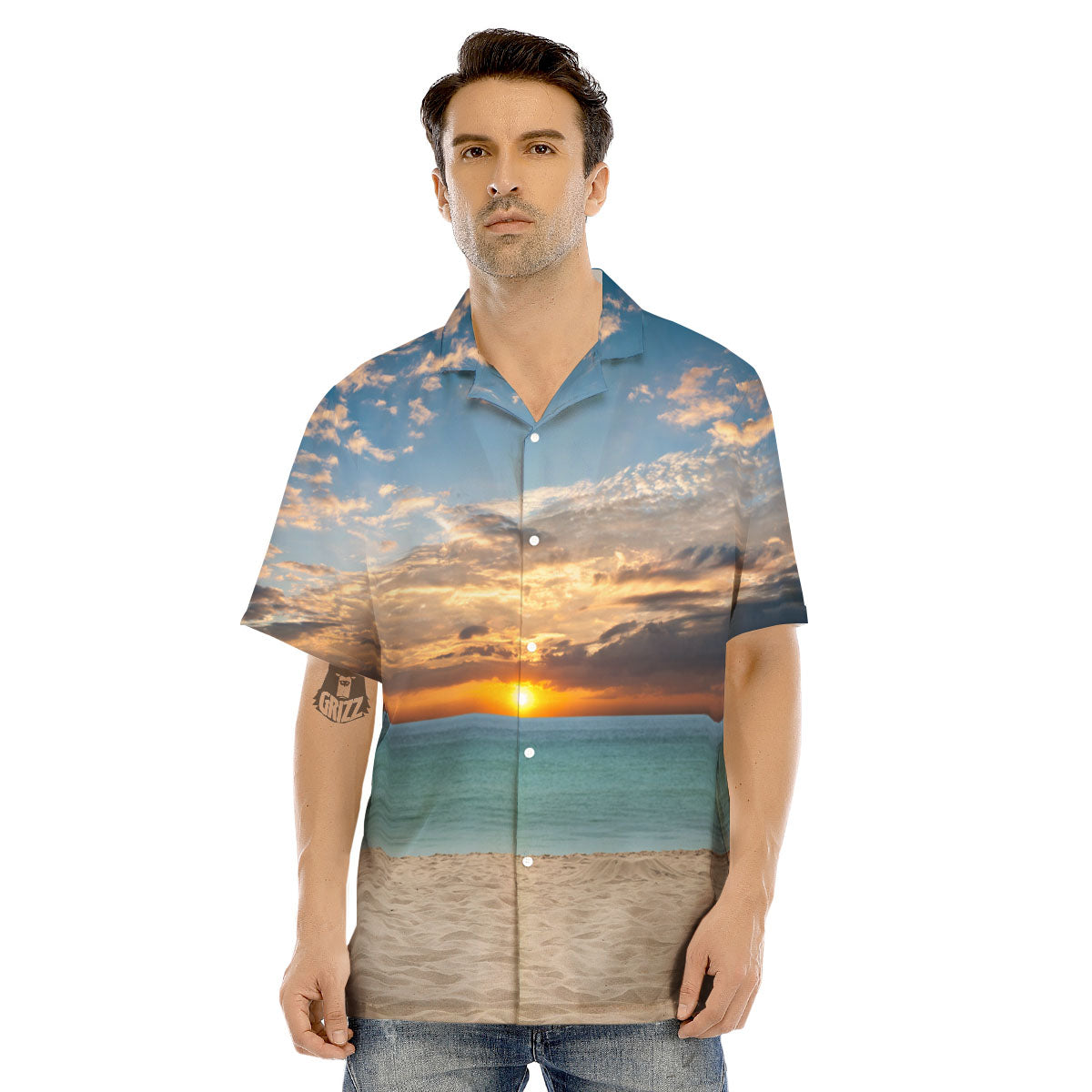 Sand Beach And Sunset Print Men's Hawaiian Shirt-grizzshop