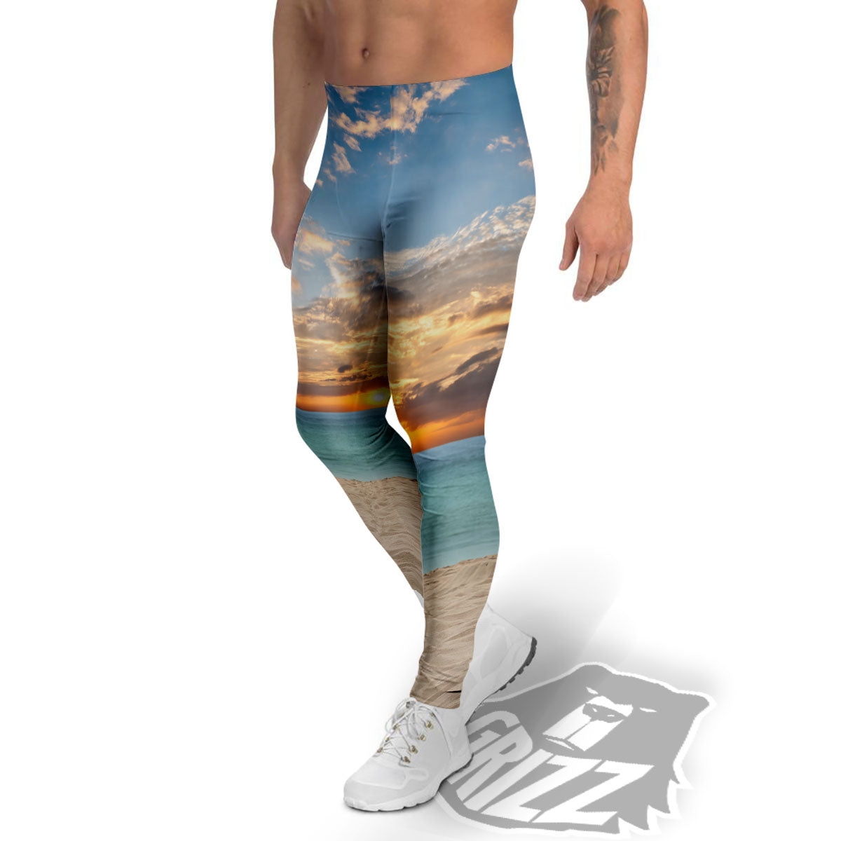 Sand Beach And Sunset Print Men's Leggings-grizzshop