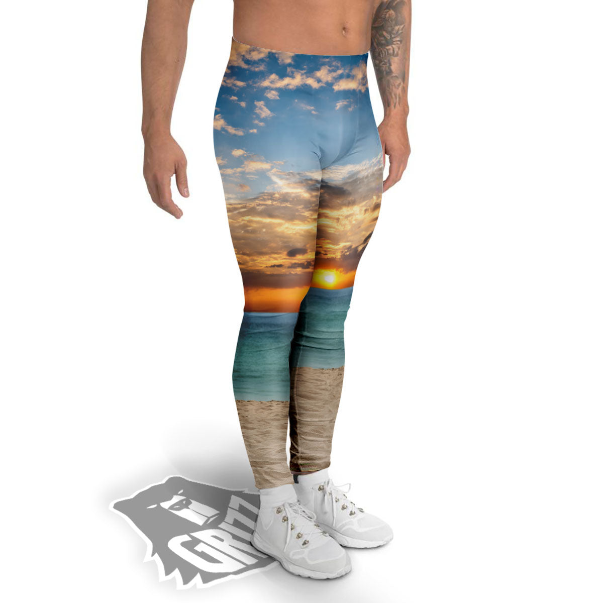 Sand Beach And Sunset Print Men's Leggings-grizzshop