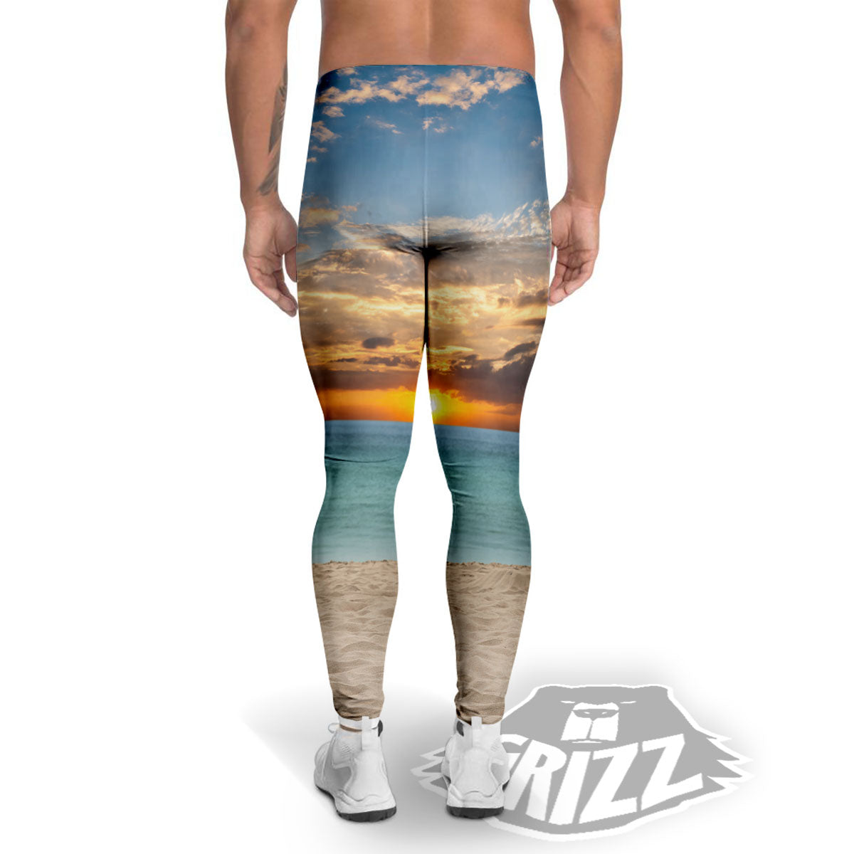 Sand Beach And Sunset Print Men's Leggings-grizzshop