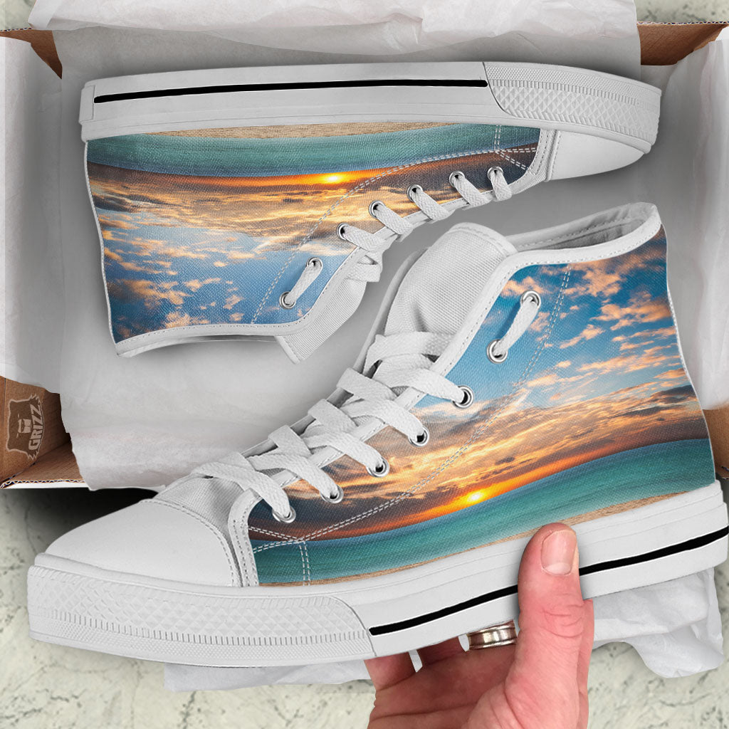Sand Beach And Sunset Print White High Top Shoes-grizzshop