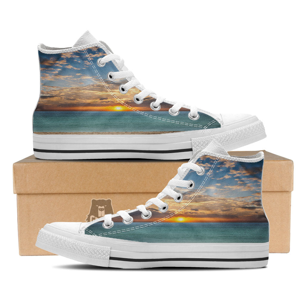 Sand Beach And Sunset Print White High Top Shoes-grizzshop