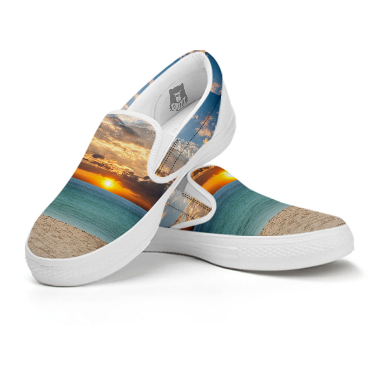Sand Beach And Sunset Print White Slip On Shoes-grizzshop