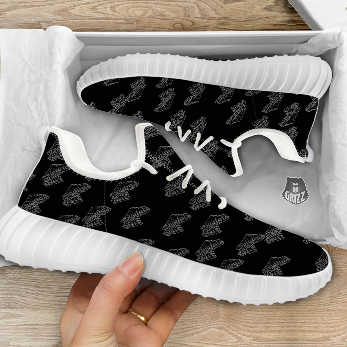 Sandwich Black Doodle Print Pattern White Walking Shoes-grizzshop