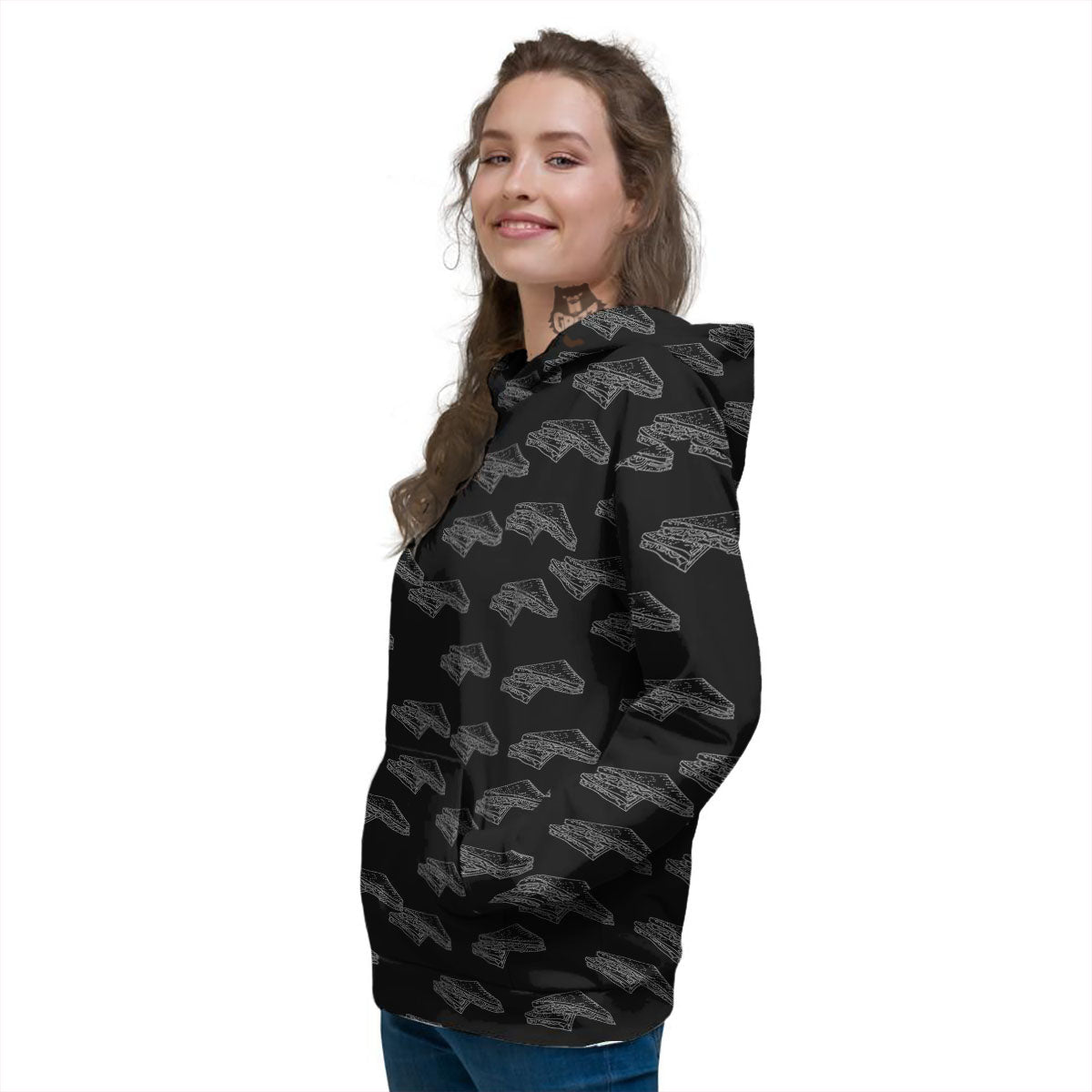 Sandwich Black Doodle Print Pattern Women's Hoodie-grizzshop