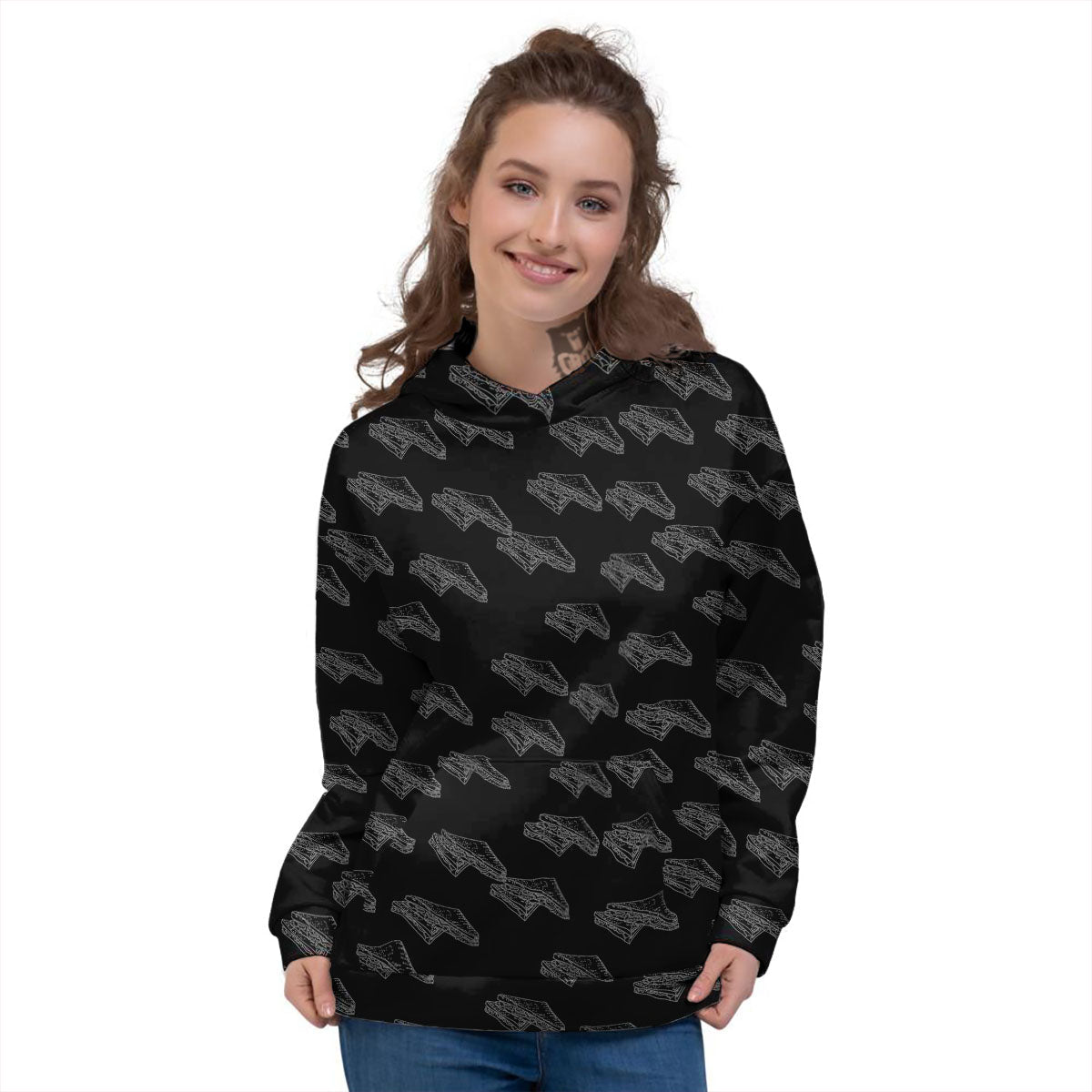 Sandwich Black Doodle Print Pattern Women's Hoodie-grizzshop