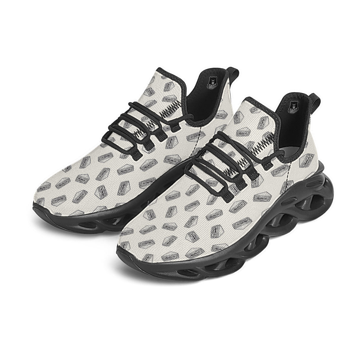 Sandwich Grey Doodle Print Pattern Black Running Shoes-grizzshop
