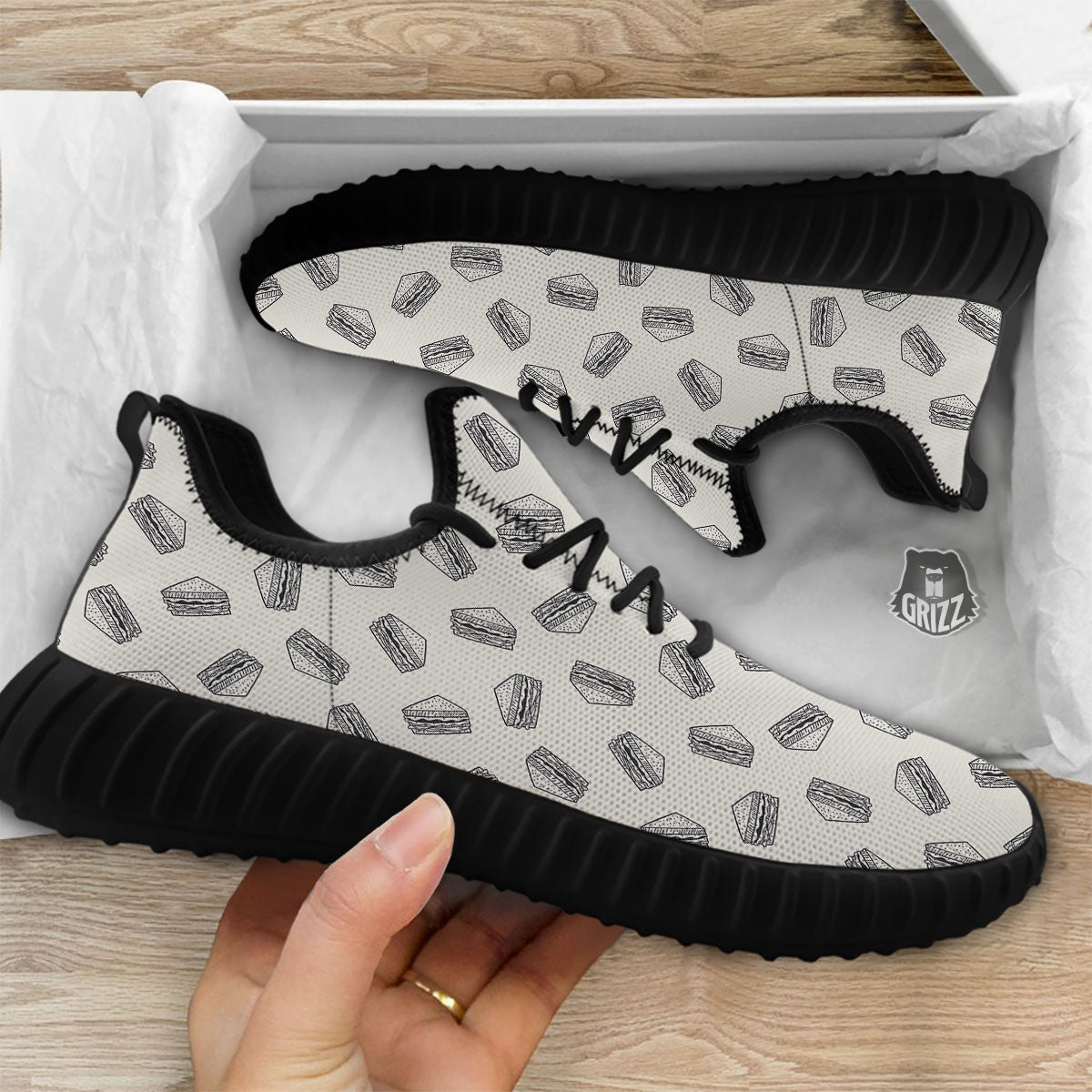 Sandwich Grey Doodle Print Pattern Black Walking Shoes-grizzshop