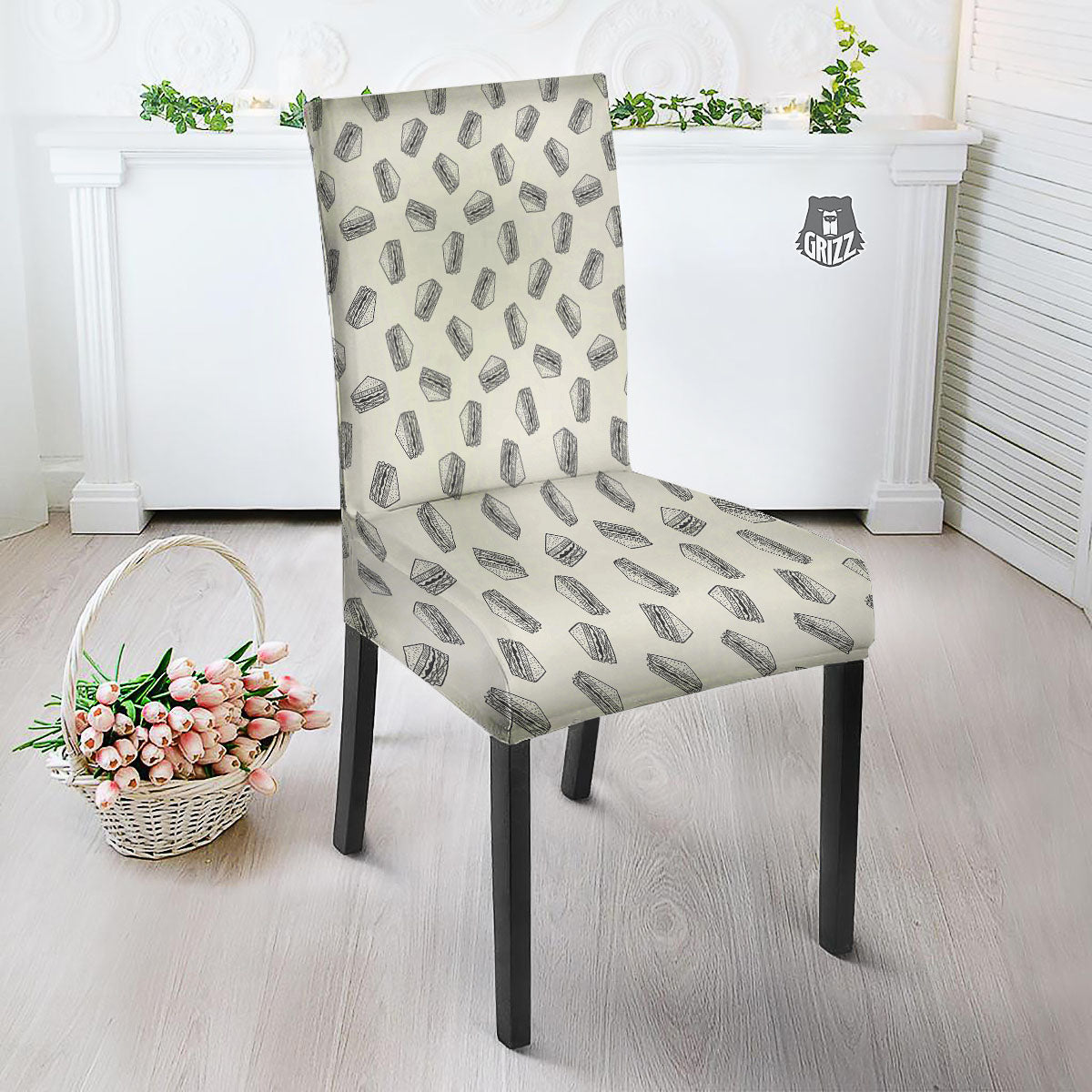 Sandwich Grey Doodle Print Pattern Dining Chair Slipcover-grizzshop