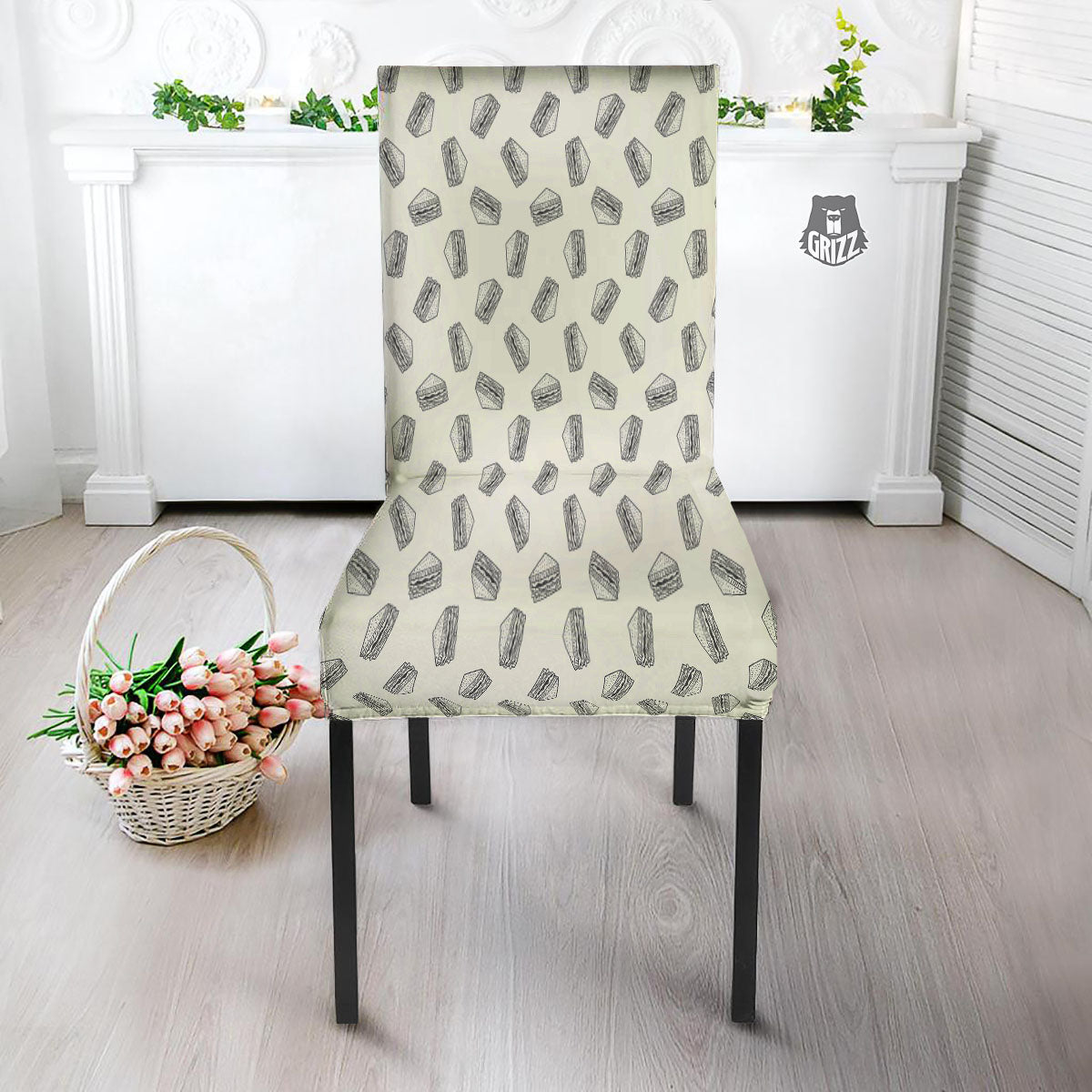 Sandwich Grey Doodle Print Pattern Dining Chair Slipcover-grizzshop