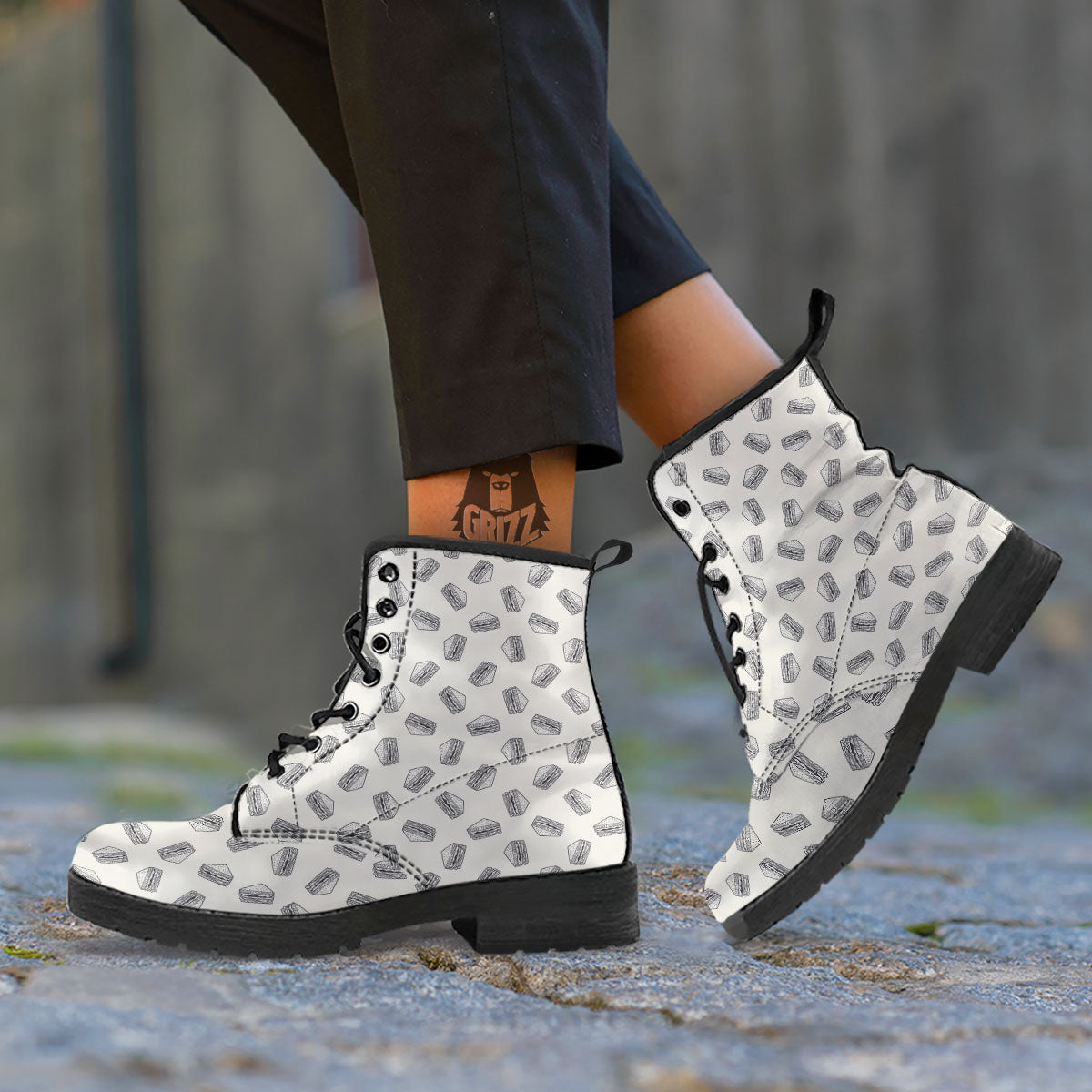 Sandwich Grey Doodle Print Pattern Leather Boots-grizzshop