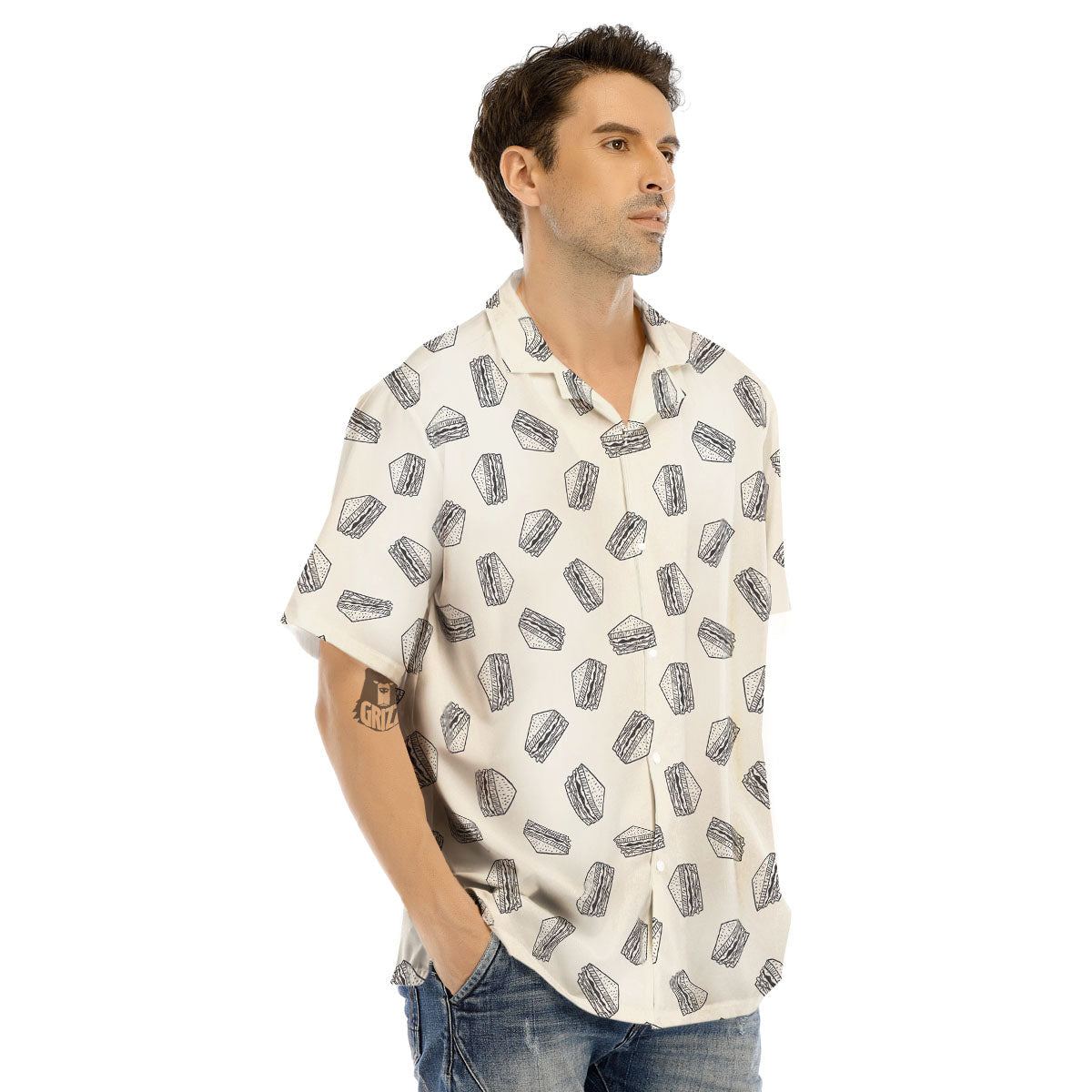 Sandwich Grey Doodle Print Pattern Men's Hawaiian Shirt-grizzshop
