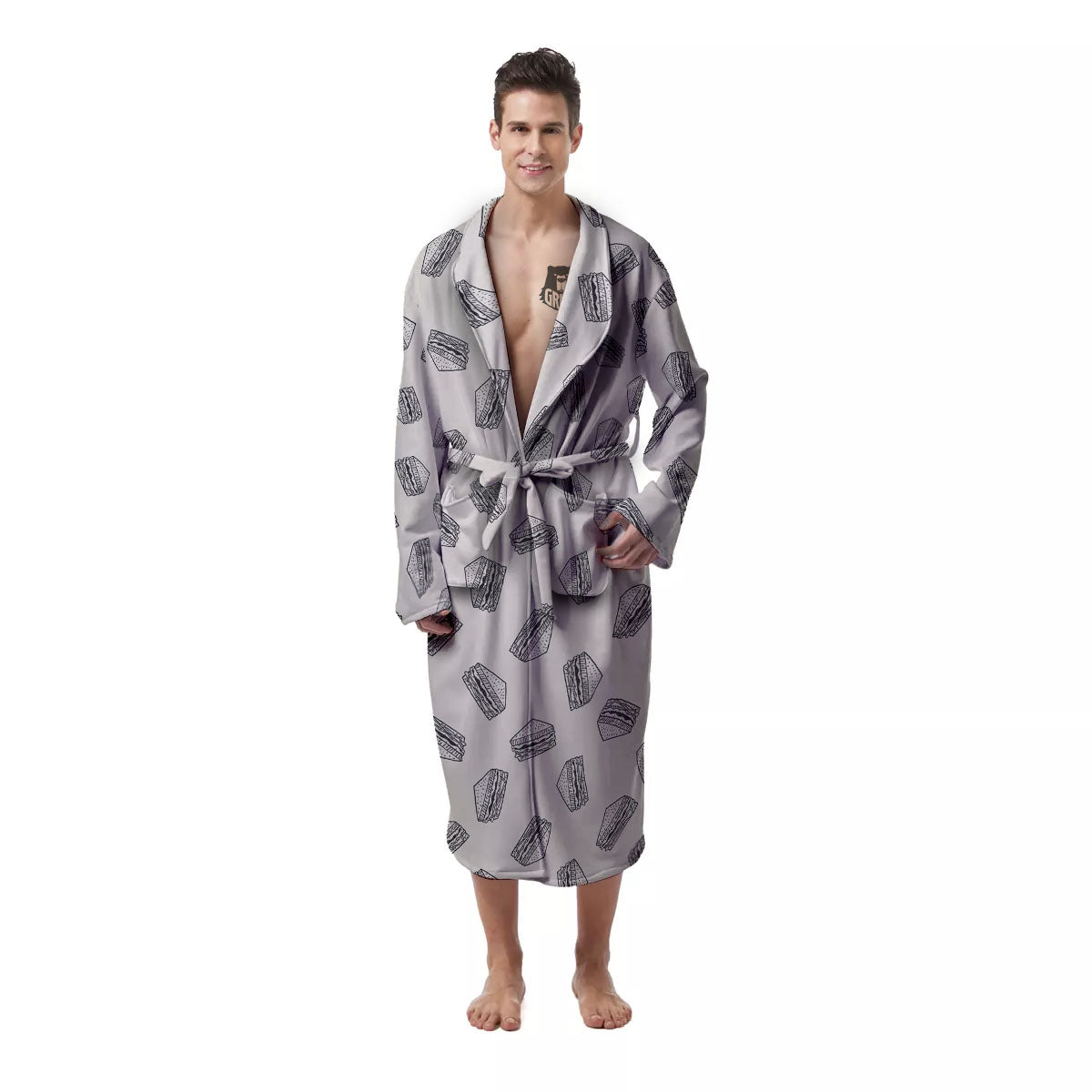 Sandwich Grey Doodle Print Pattern Men's Robe-grizzshop
