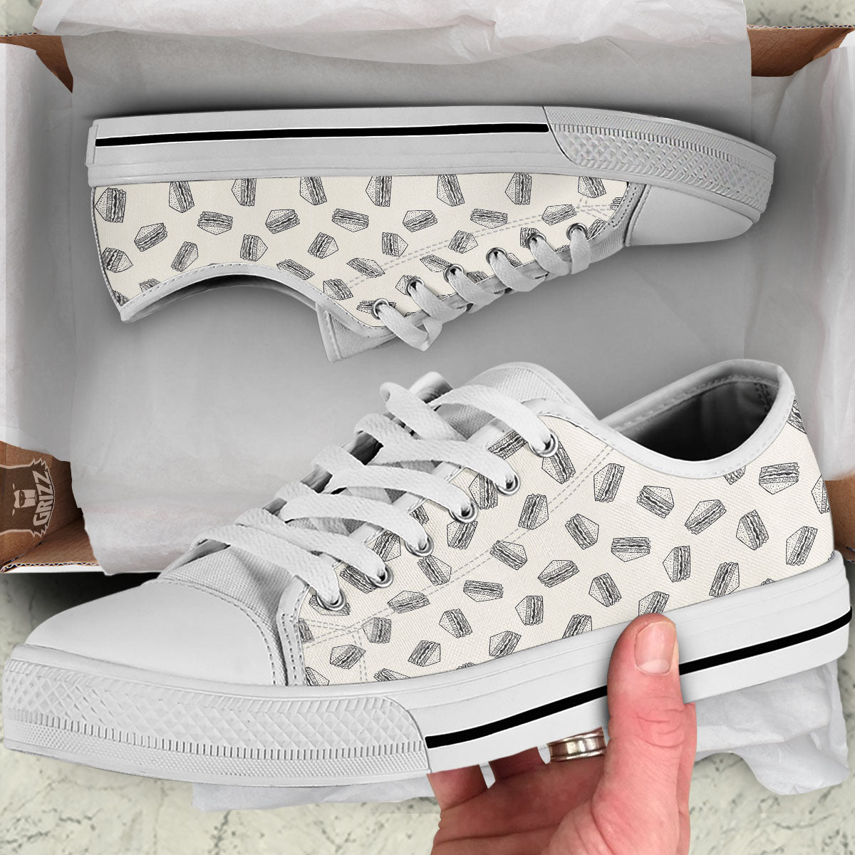 Sandwich Grey Doodle Print Pattern White Low Top Shoes-grizzshop