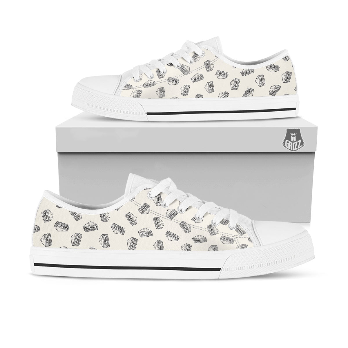 Sandwich Grey Doodle Print Pattern White Low Top Shoes-grizzshop