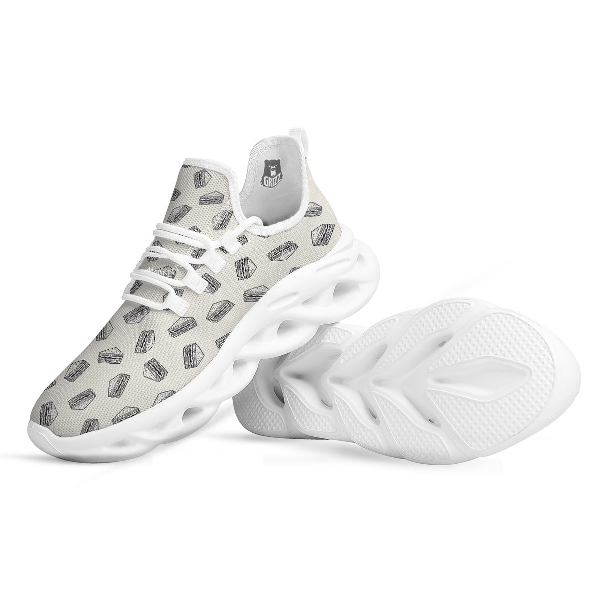 Sandwich Grey Doodle Print Pattern White Running Shoes-grizzshop