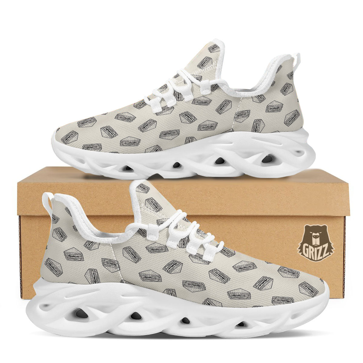 Sandwich Grey Doodle Print Pattern White Running Shoes-grizzshop