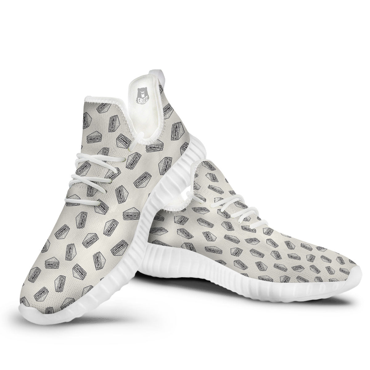 Sandwich Grey Doodle Print Pattern White Walking Shoes-grizzshop
