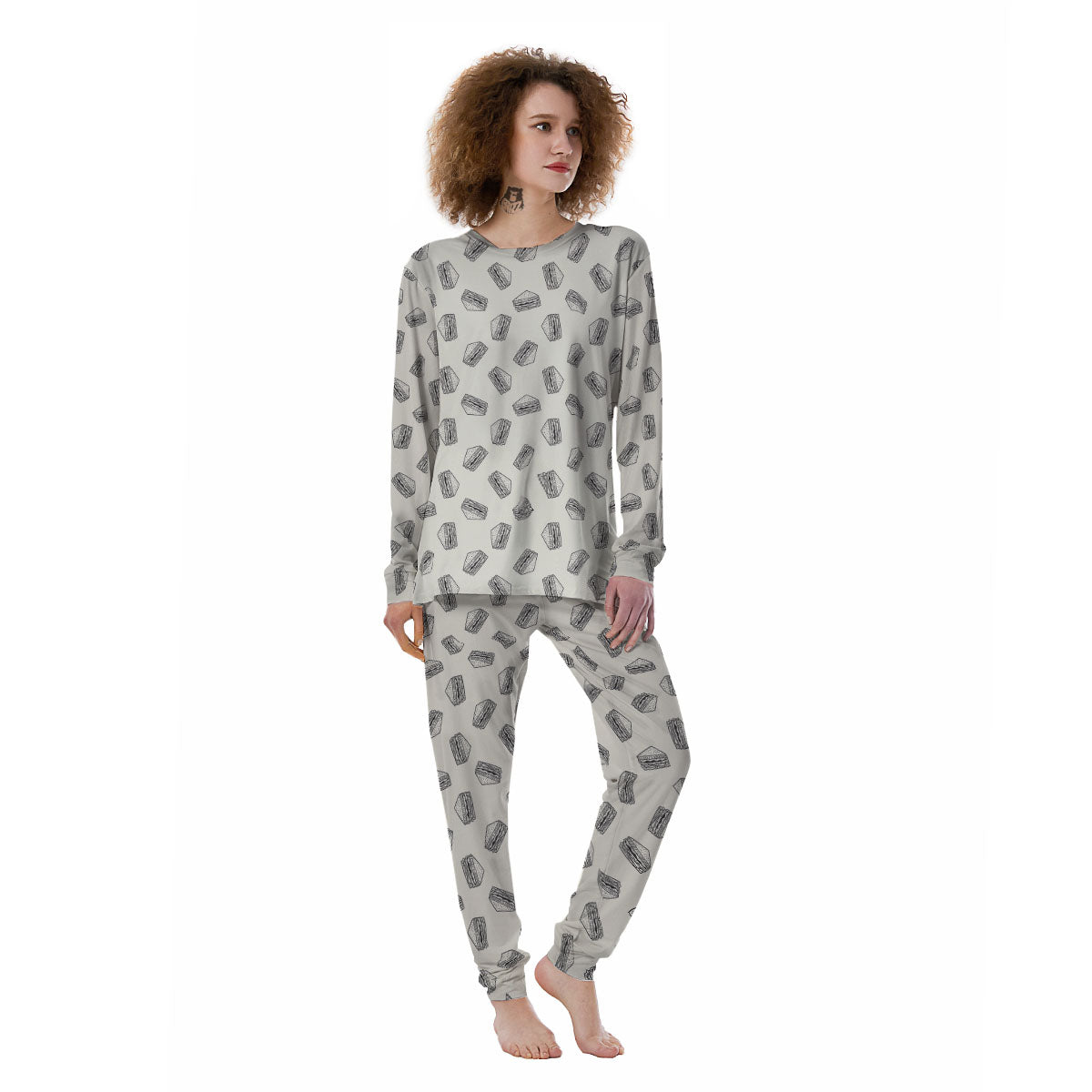Sandwich Grey Doodle Print Pattern Women's Pajamas-grizzshop