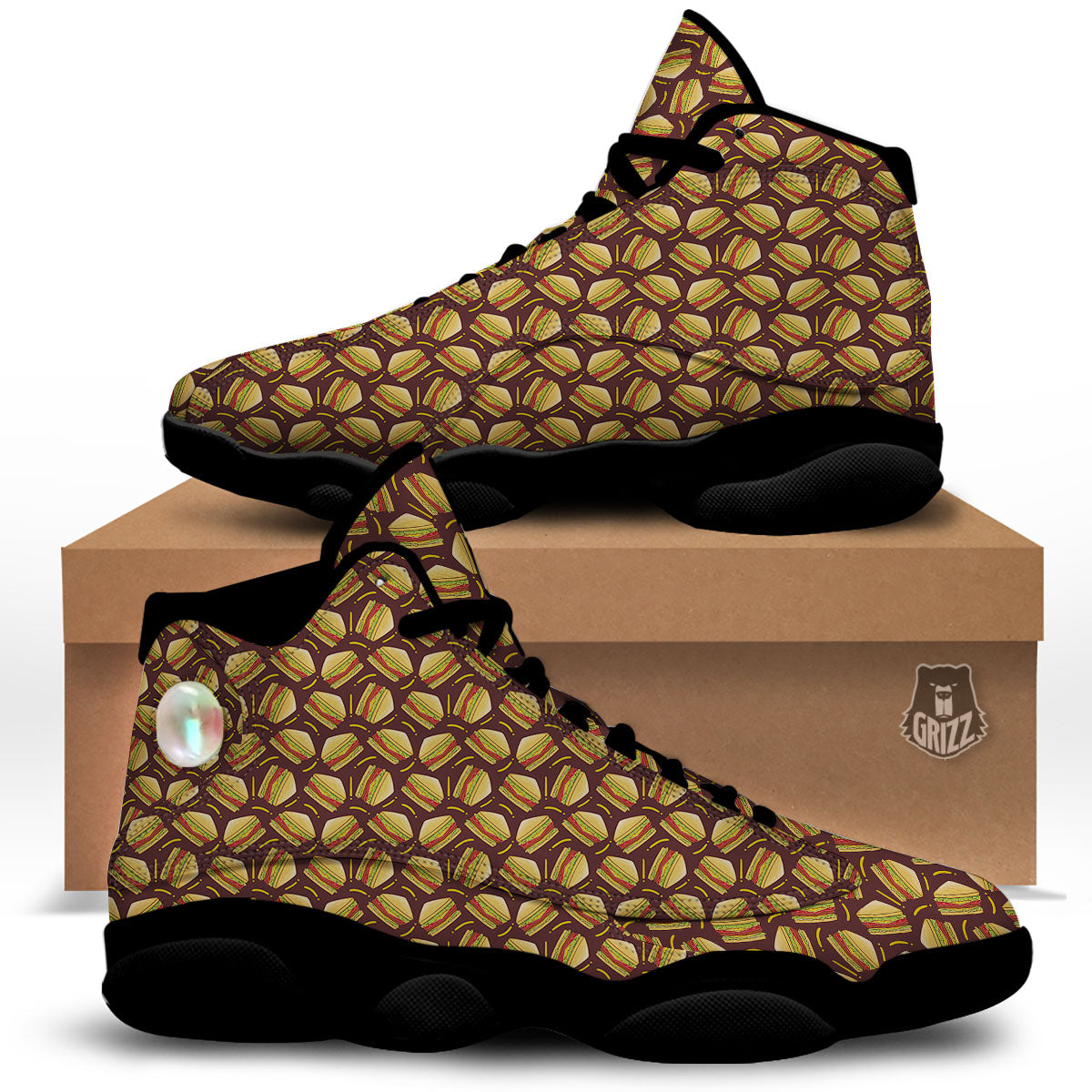 Sandwiches Brown Print Pattern Black Basketball Shoes-grizzshop