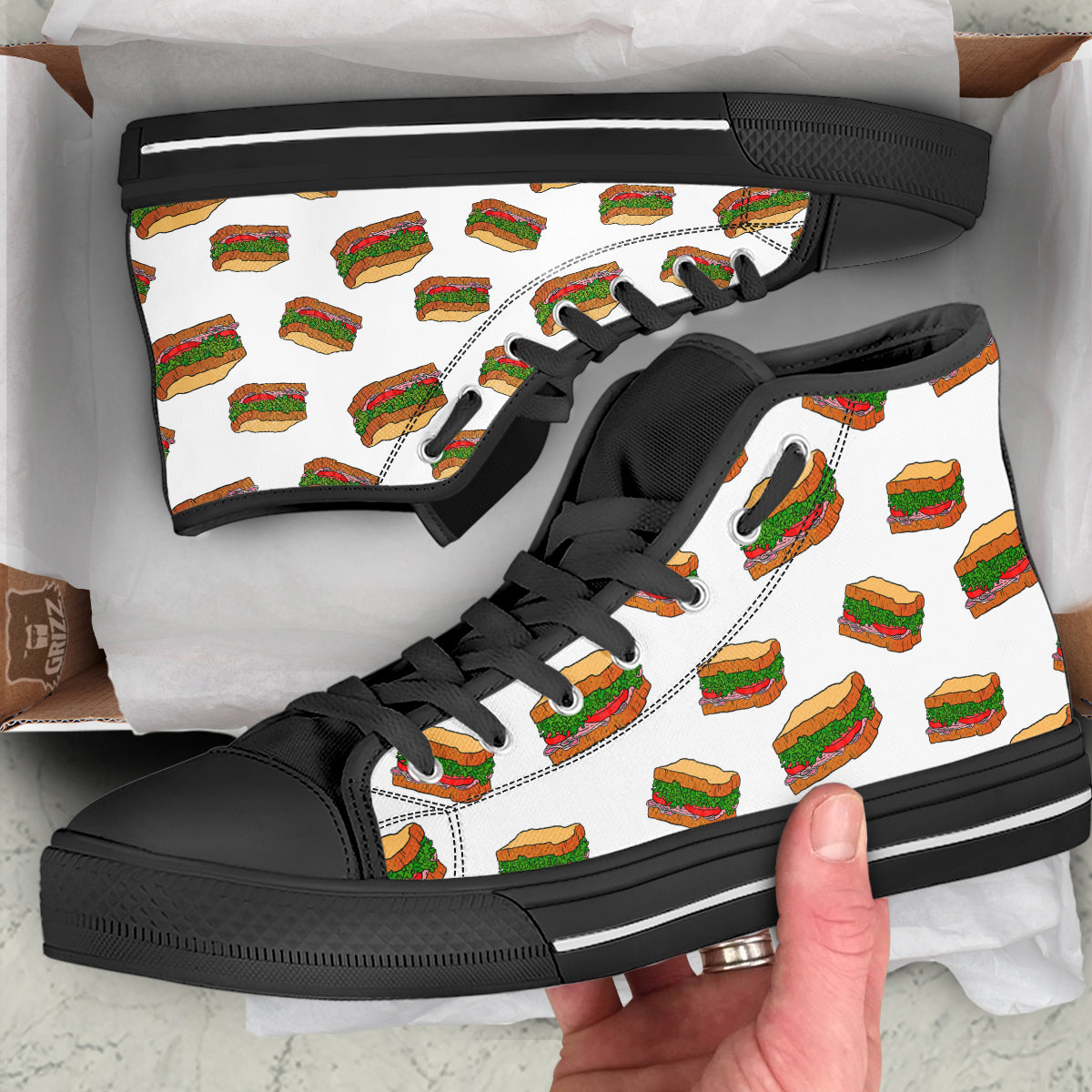 Sandwiches White Print Pattern Black High Top Shoes-grizzshop
