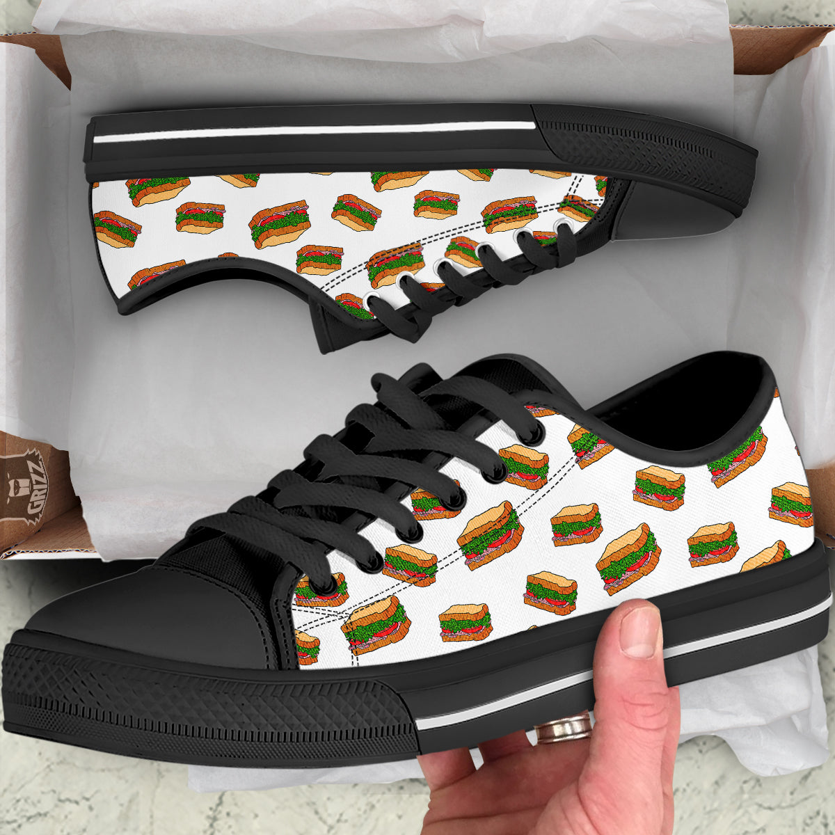 Sandwiches White Print Pattern Black Low Top Shoes-grizzshop