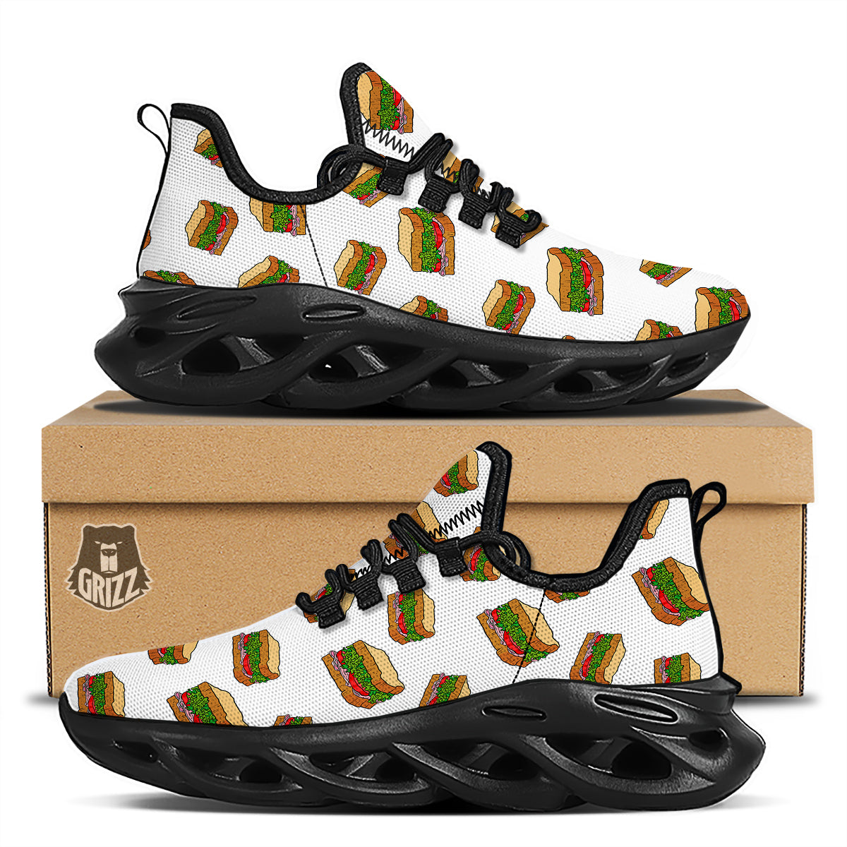 Sandwiches White Print Pattern Black Running Shoes-grizzshop