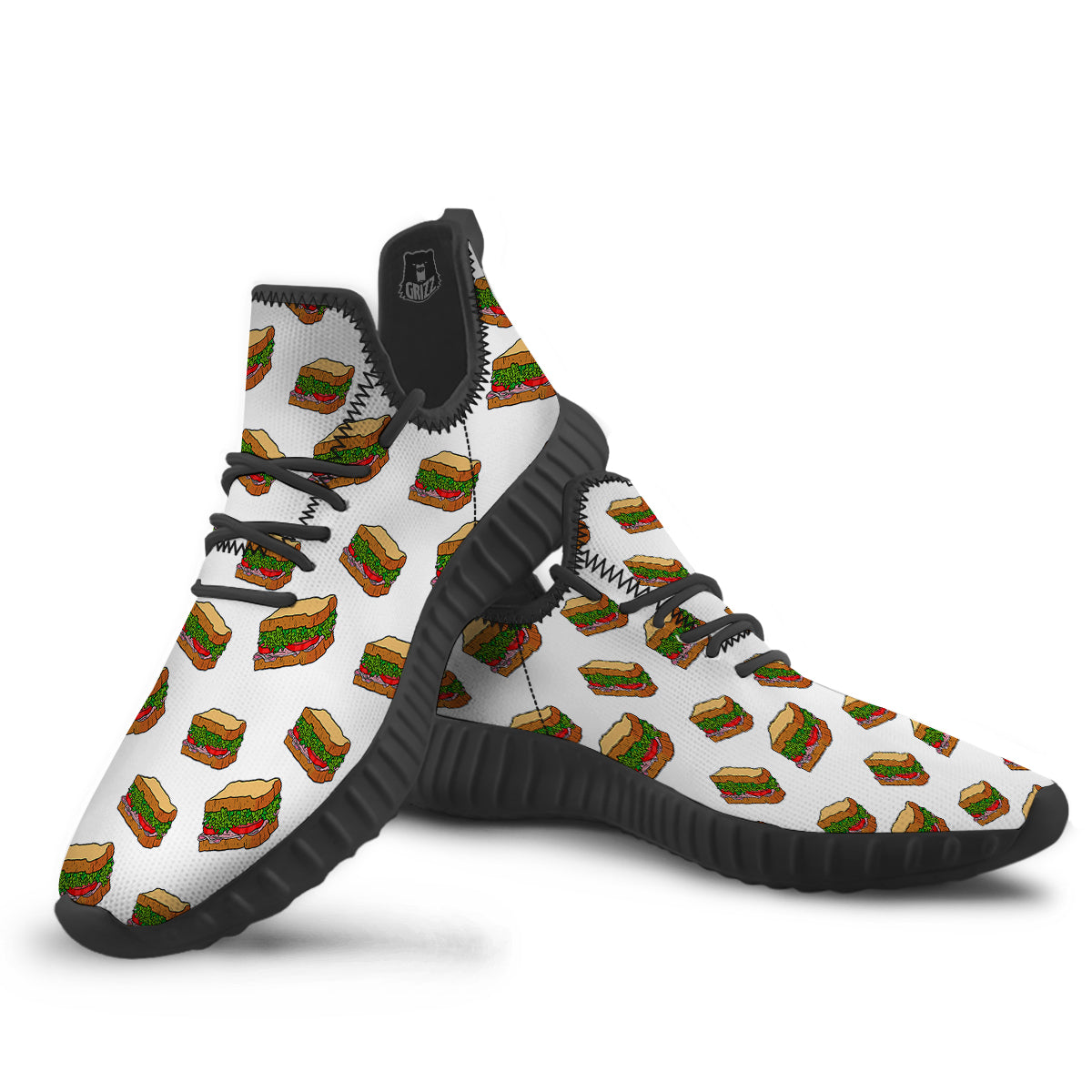 Sandwiches White Print Pattern Black Walking Shoes-grizzshop