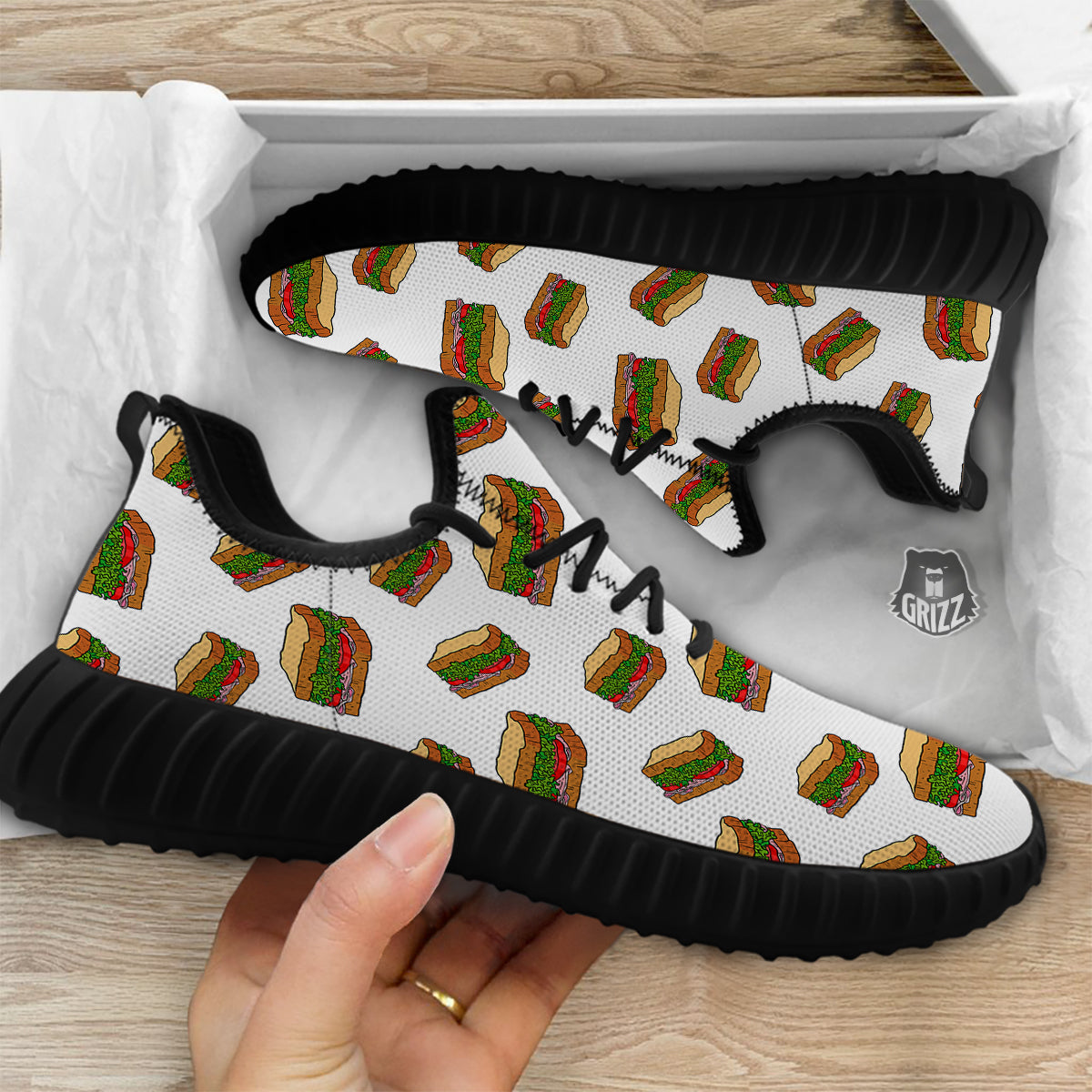 Sandwiches White Print Pattern Black Walking Shoes-grizzshop