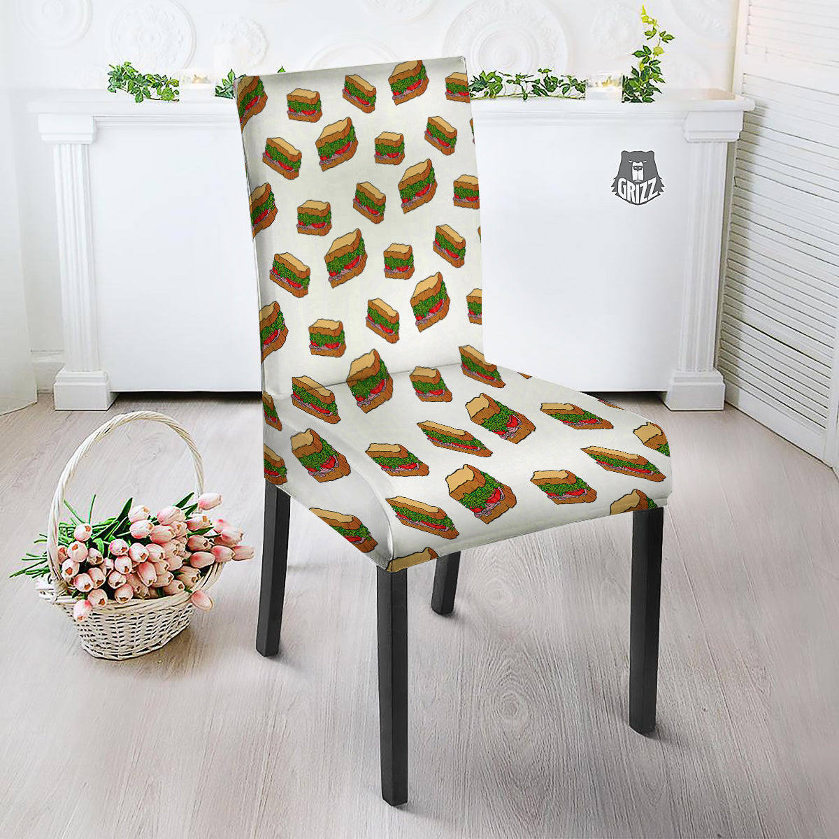Sandwiches White Print Pattern Dining Chair Slipcover-grizzshop