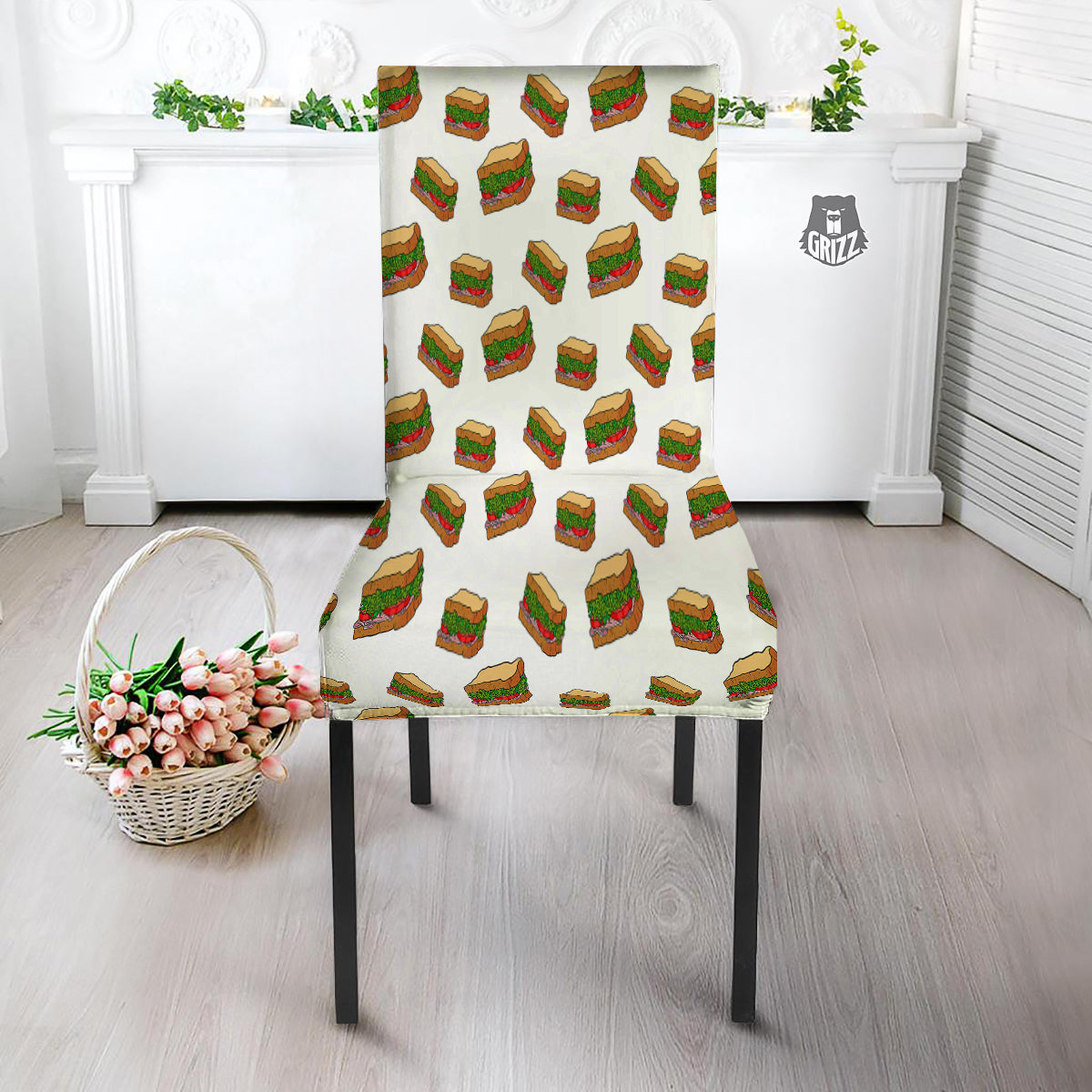 Sandwiches White Print Pattern Dining Chair Slipcover-grizzshop