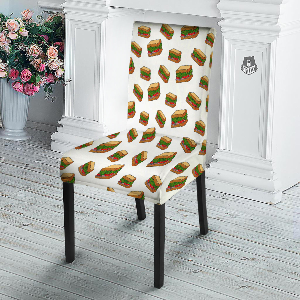 Sandwiches White Print Pattern Dining Chair Slipcover-grizzshop