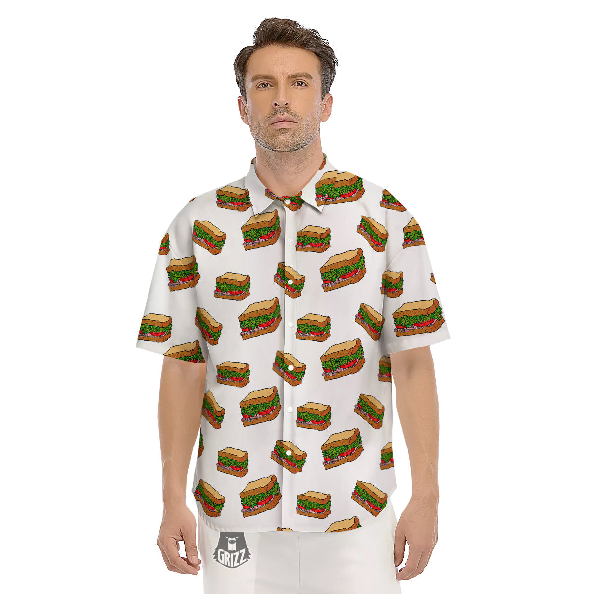 Sandwiches White Print Pattern Men's Short Sleeve Shirts-grizzshop
