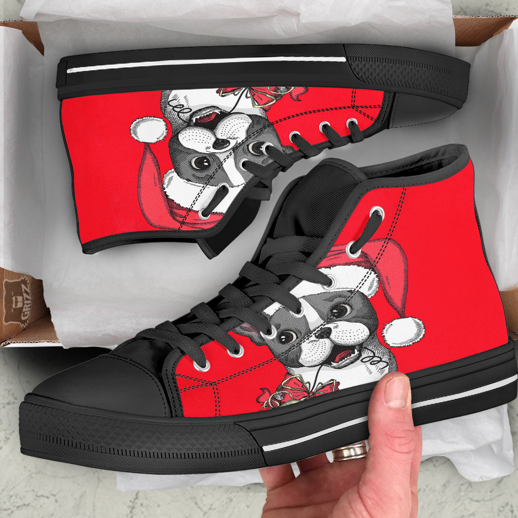 Santa Christmas French Bulldog Print Black High Top Shoes-grizzshop