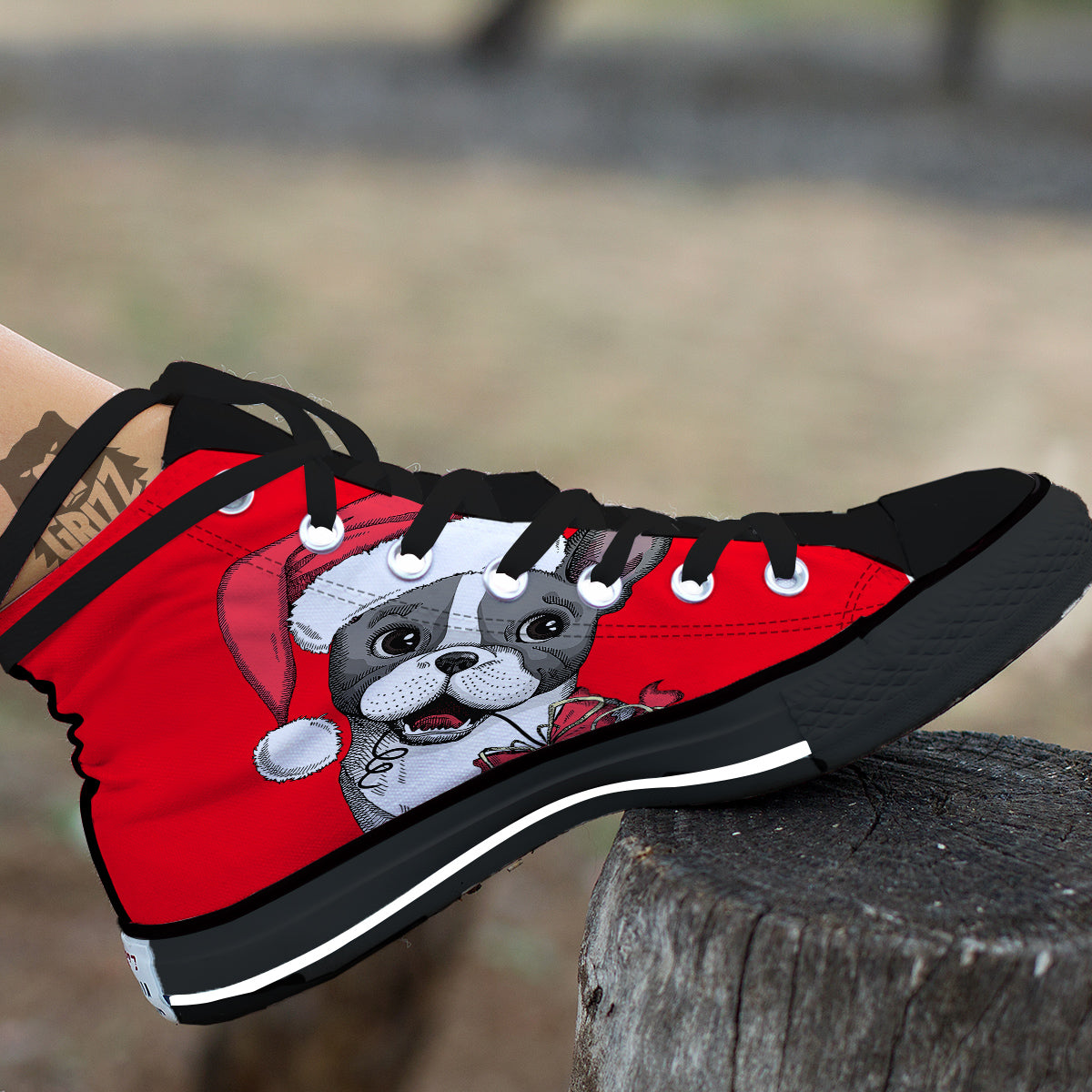 Santa Christmas French Bulldog Print Black High Top Shoes-grizzshop