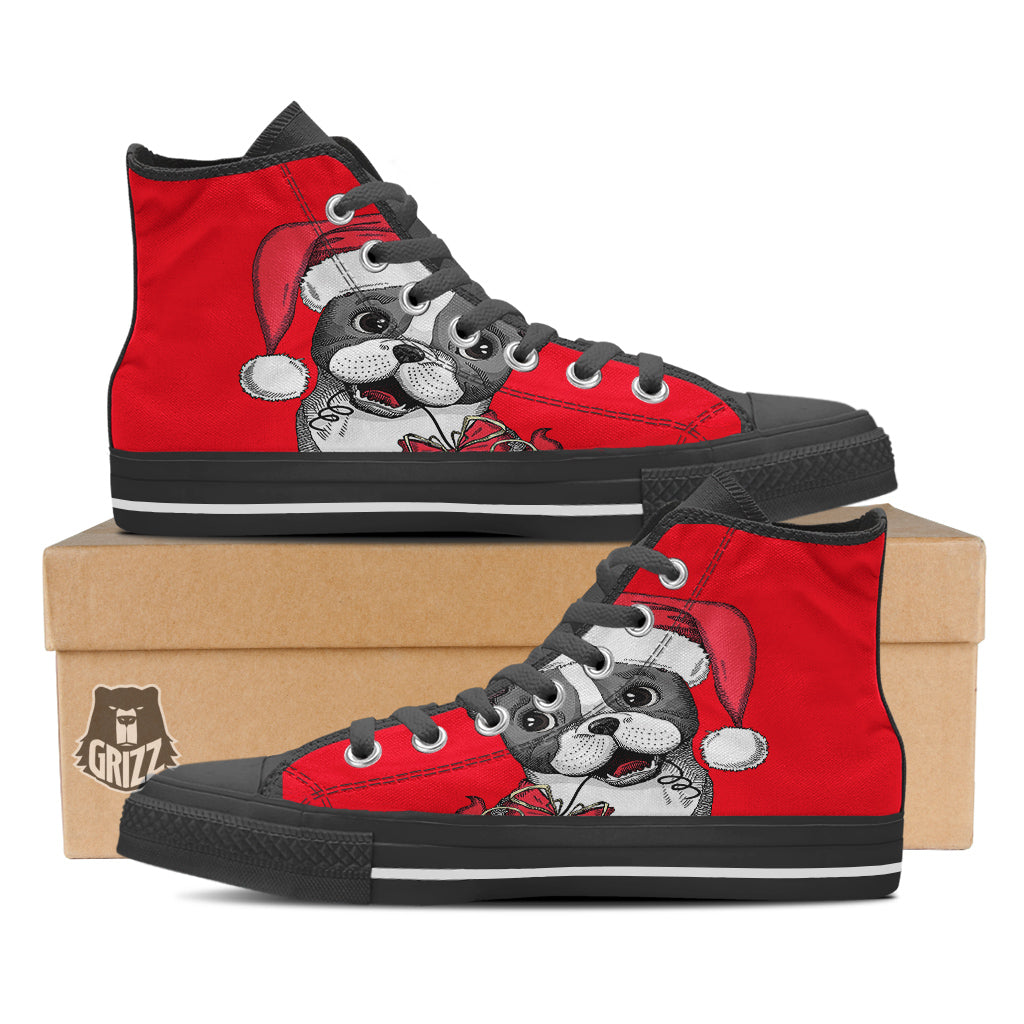 Santa Christmas French Bulldog Print Black High Top Shoes-grizzshop